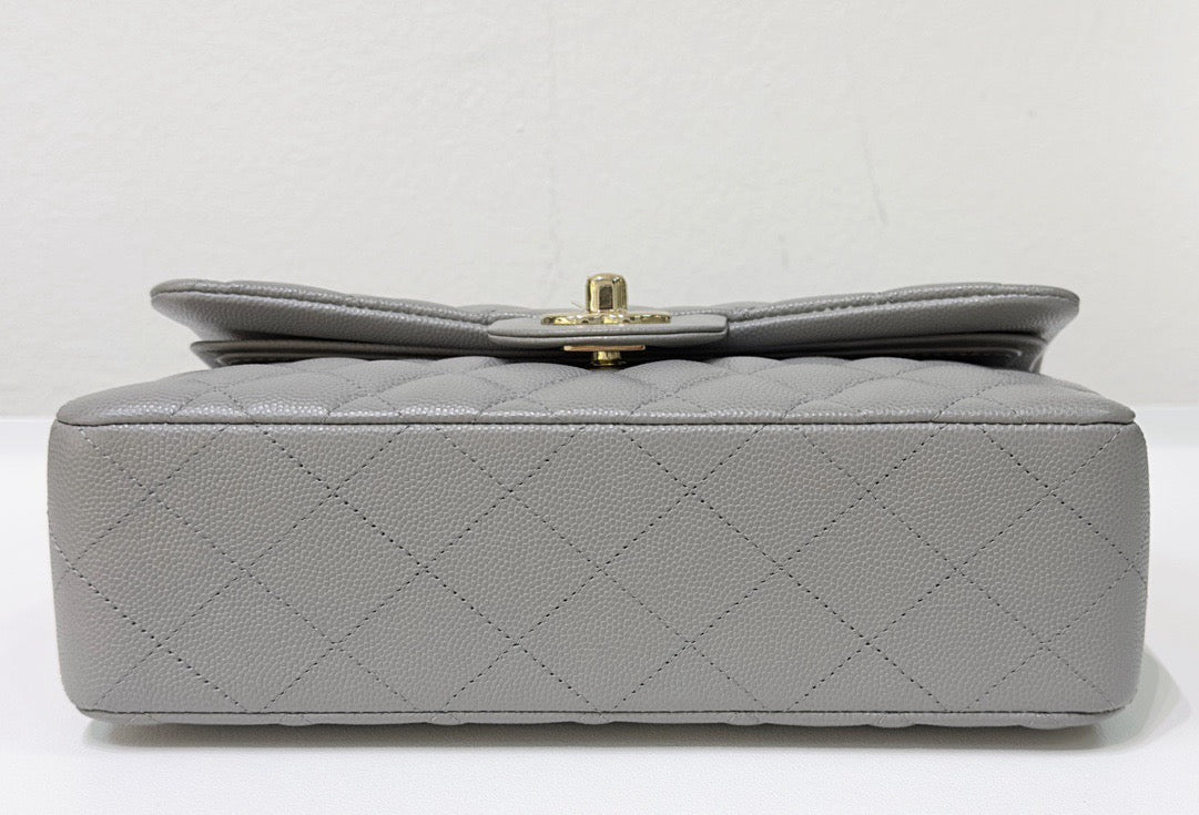 CHNL Small Caviar Quilted Double Flap Grey LGHW