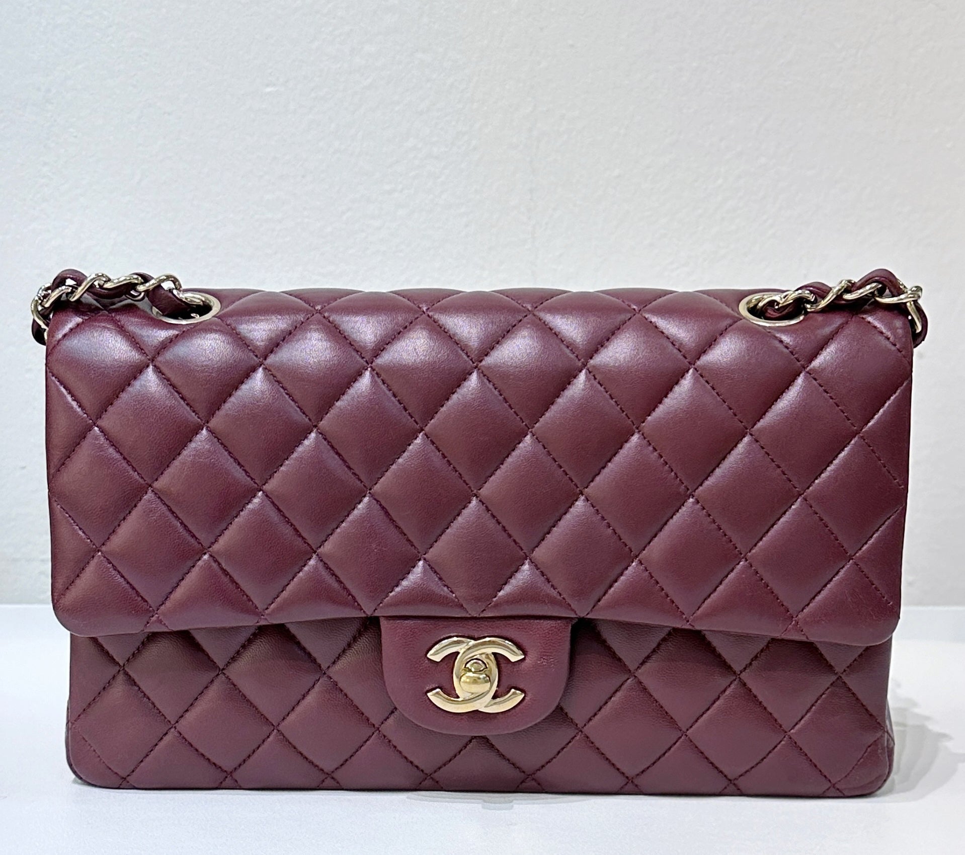 CHNL Lambskin Quilted Medium Double Flap Burgundy