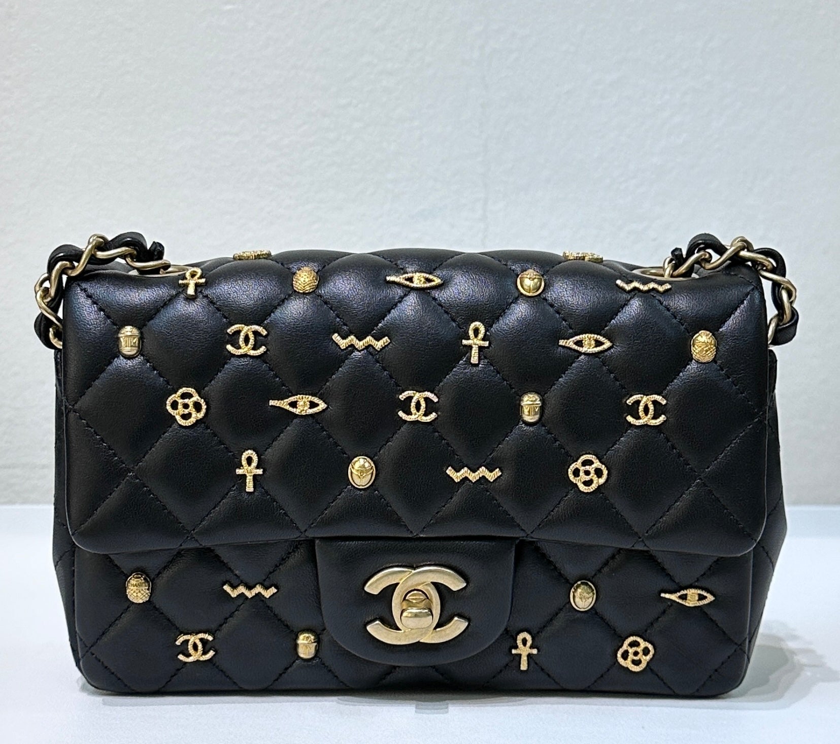 CHNL Mini Lambskin Quilted Egyptian Amulet Rectangular Flap Black GHW