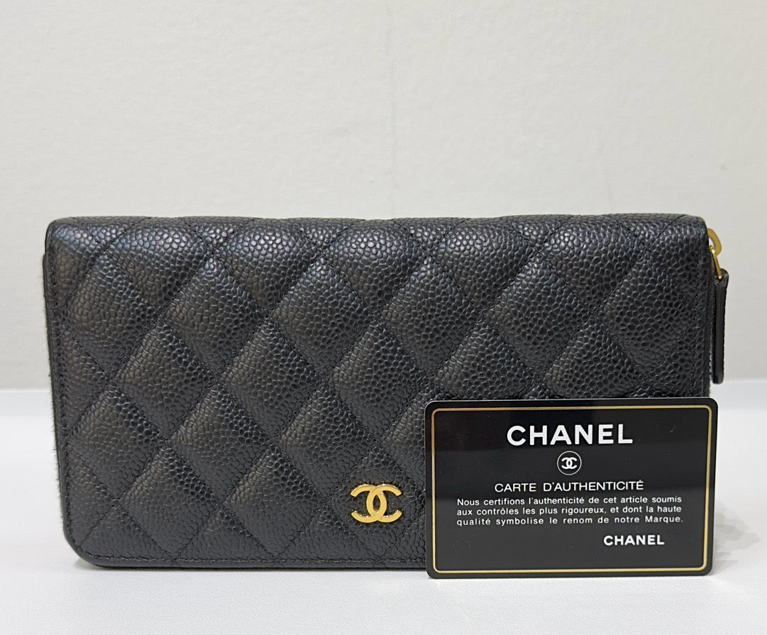 CHNL Caviar Long Zip Wallet Black GHW