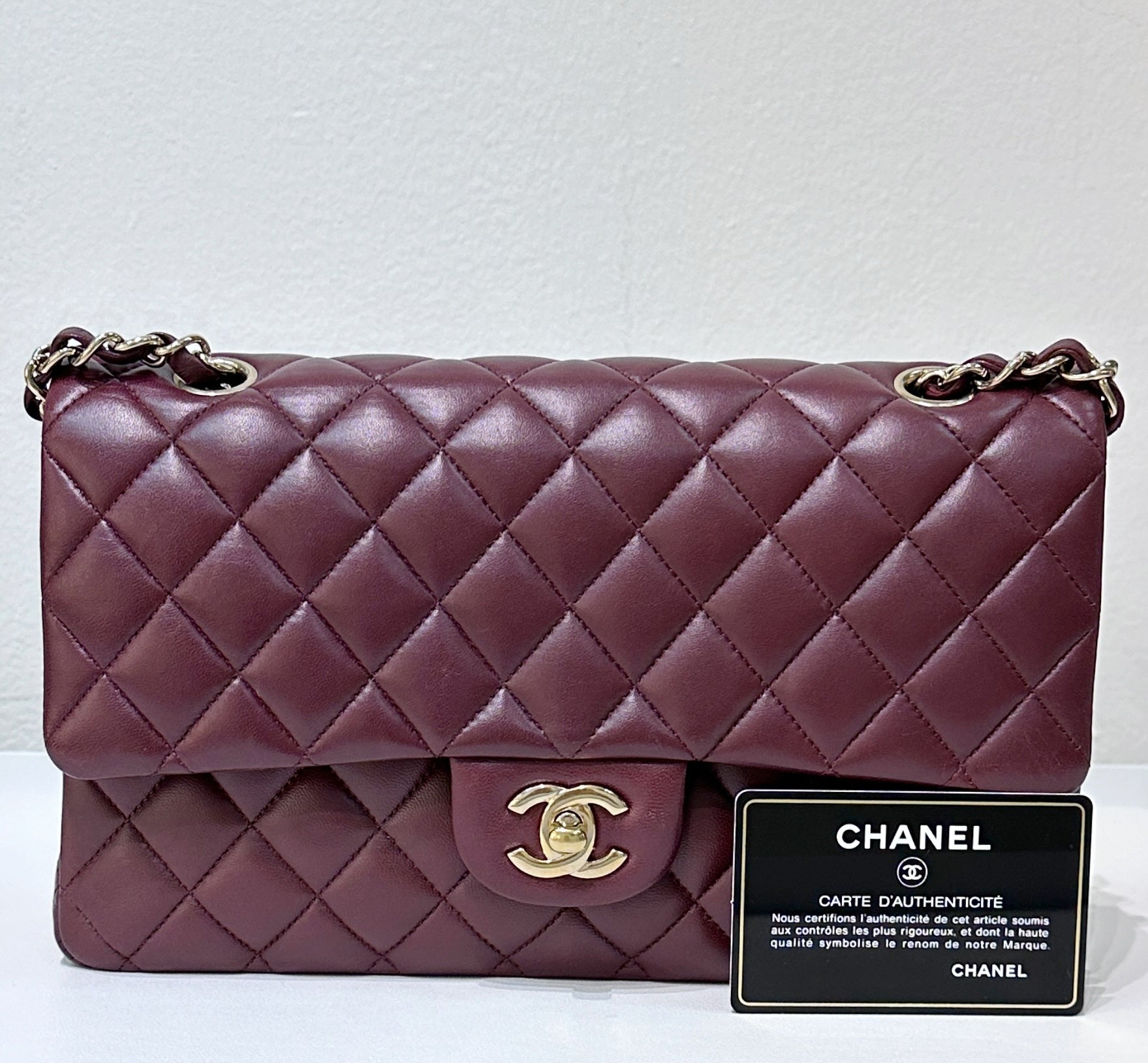CHNL Lambskin Quilted Medium Double Flap Burgundy