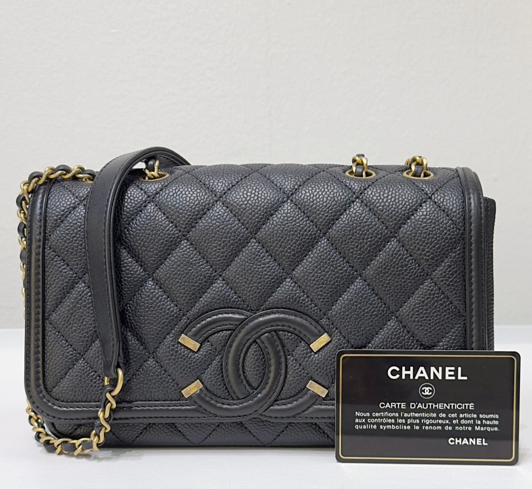 CHNL Small Caviar Quilted CC Filigree Flap Black GHW