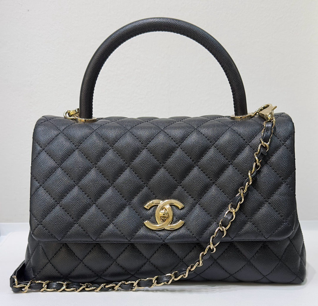 CHNL Medium Caviar Quilted Coco Handle Flap Black GHW 30 holo card
