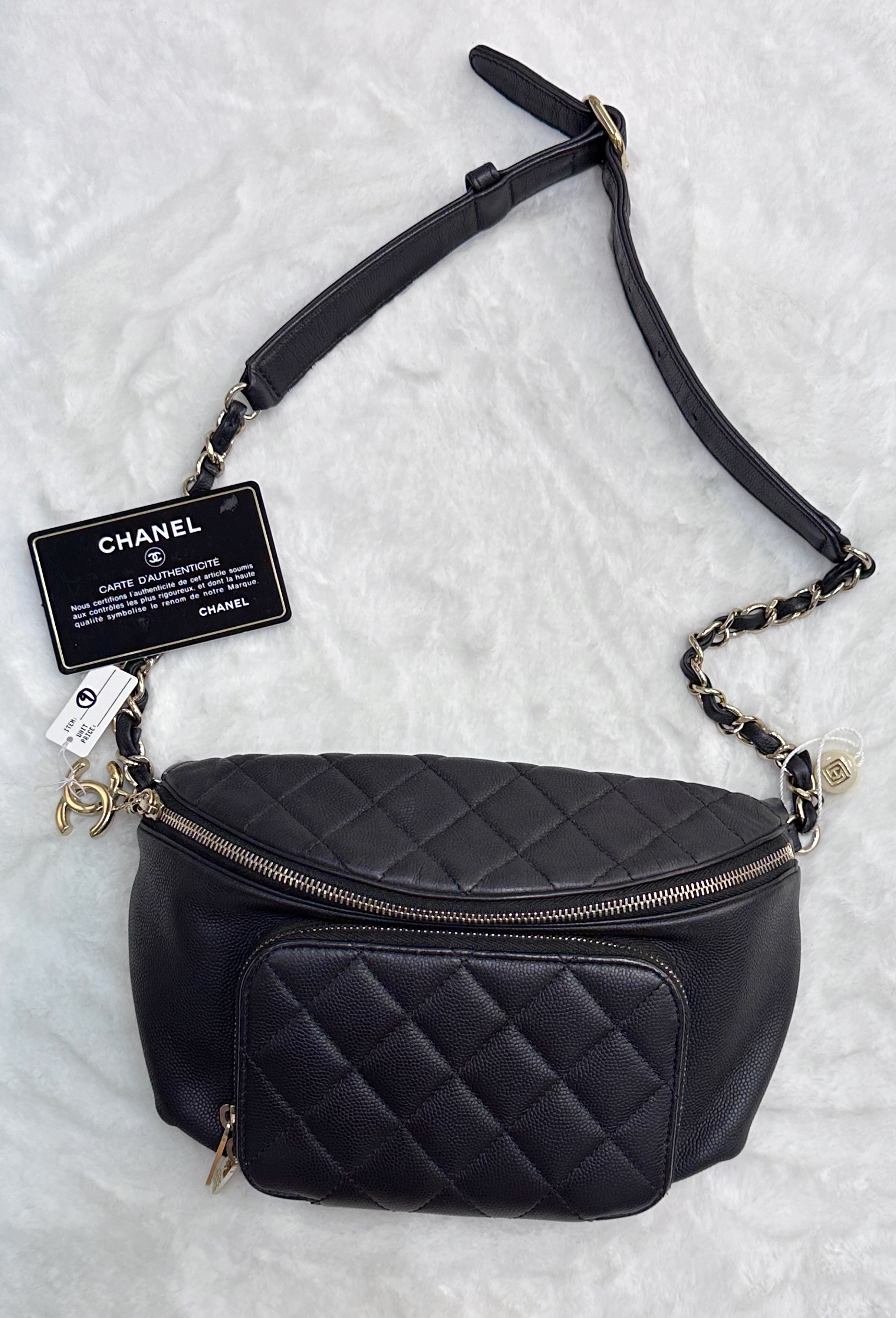 CHNL Black Quilted Caviar Leather Business Affinity Waist Belt Bag