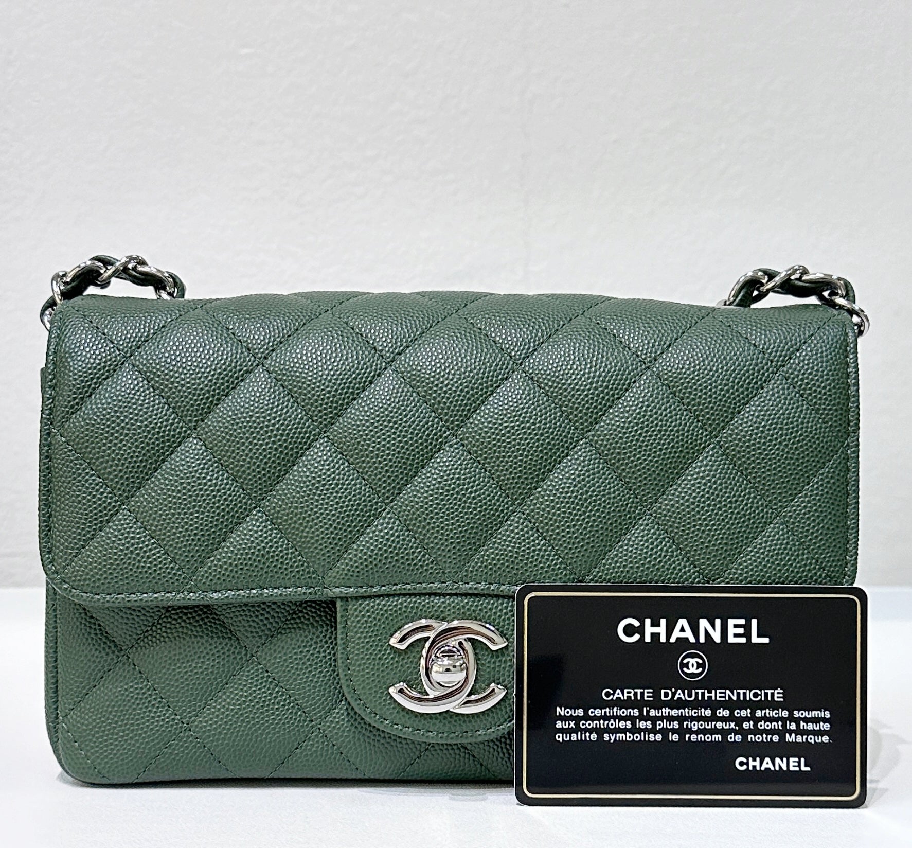 CHNL Caviar Quilted Mini Rectangular Flap Green