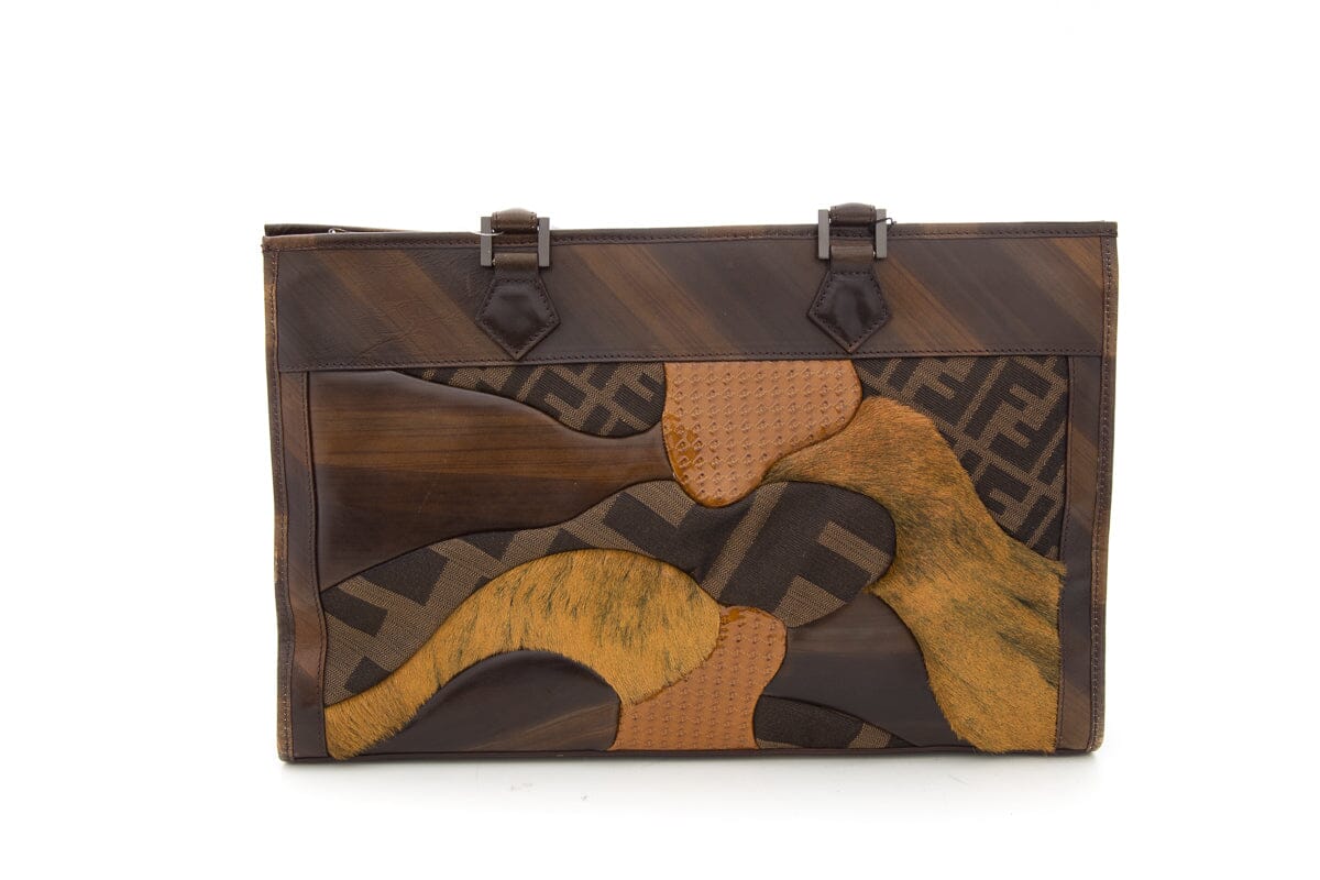 FNDI Brown Zucca Canvas &amp; Leather Patchwork Tote NWT