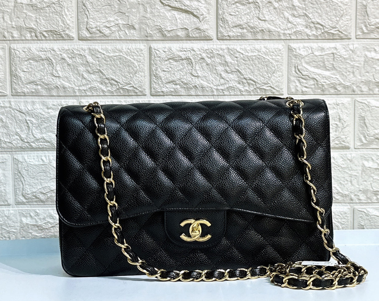 CHNL Jumbo Classic Double Flap Bag Black Caviar Gold Hardware