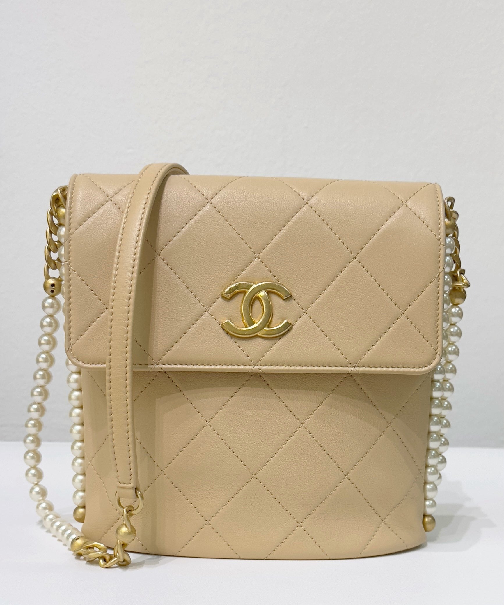 CHNL Small About Calfskin Quilted Pearls Flap Hobo GHW