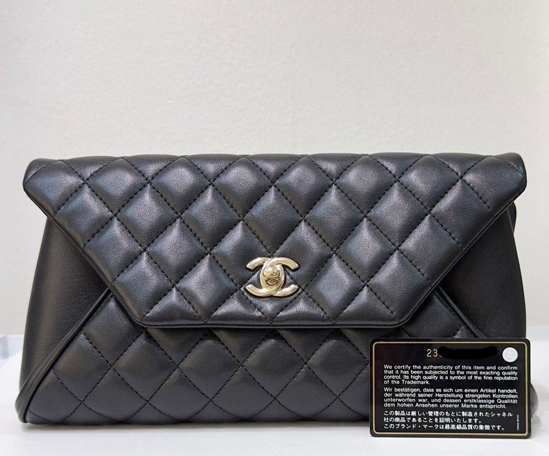 CHNL Lambskin Quilted Fold Up Again Clutch Black