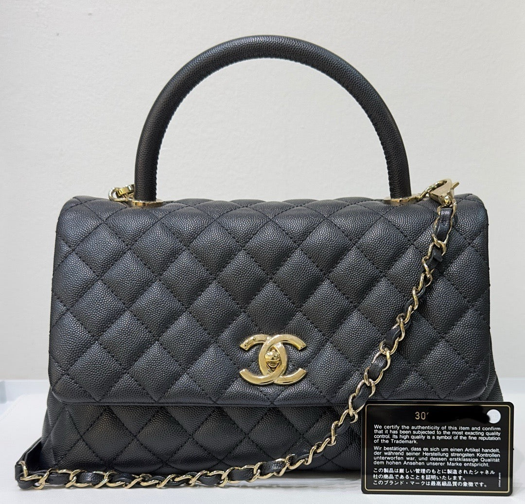 CHNL Medium Caviar Quilted Coco Handle Flap Black GHW 30 holo card