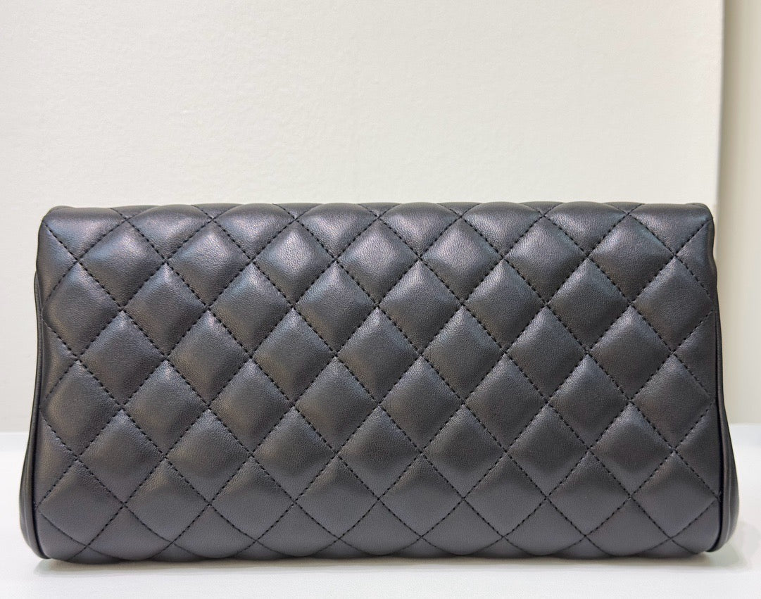 CHNL Lambskin Quilted Fold Up Again Clutch Black