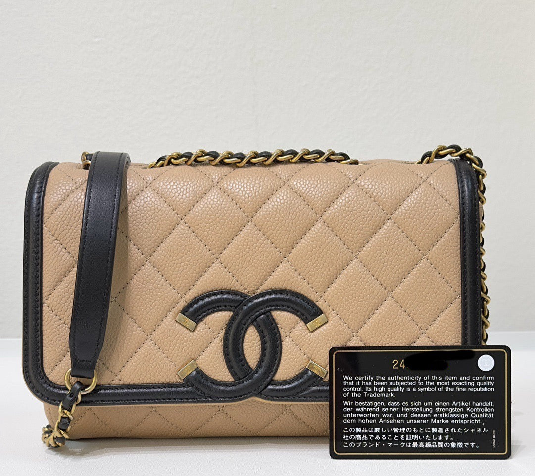CHNL Small Caviar Quilted CC Filigree Flap Beige Black GHW
