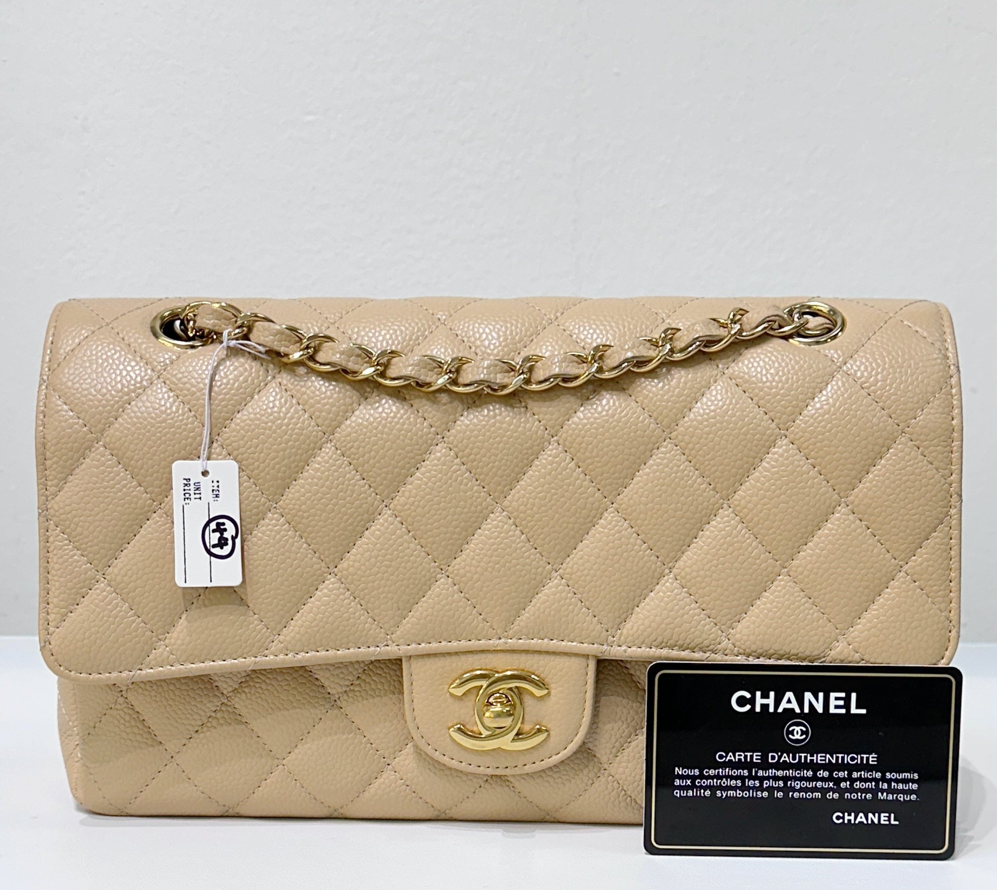 CHNL Medium Caviar Classic Double Flap Bag Beige