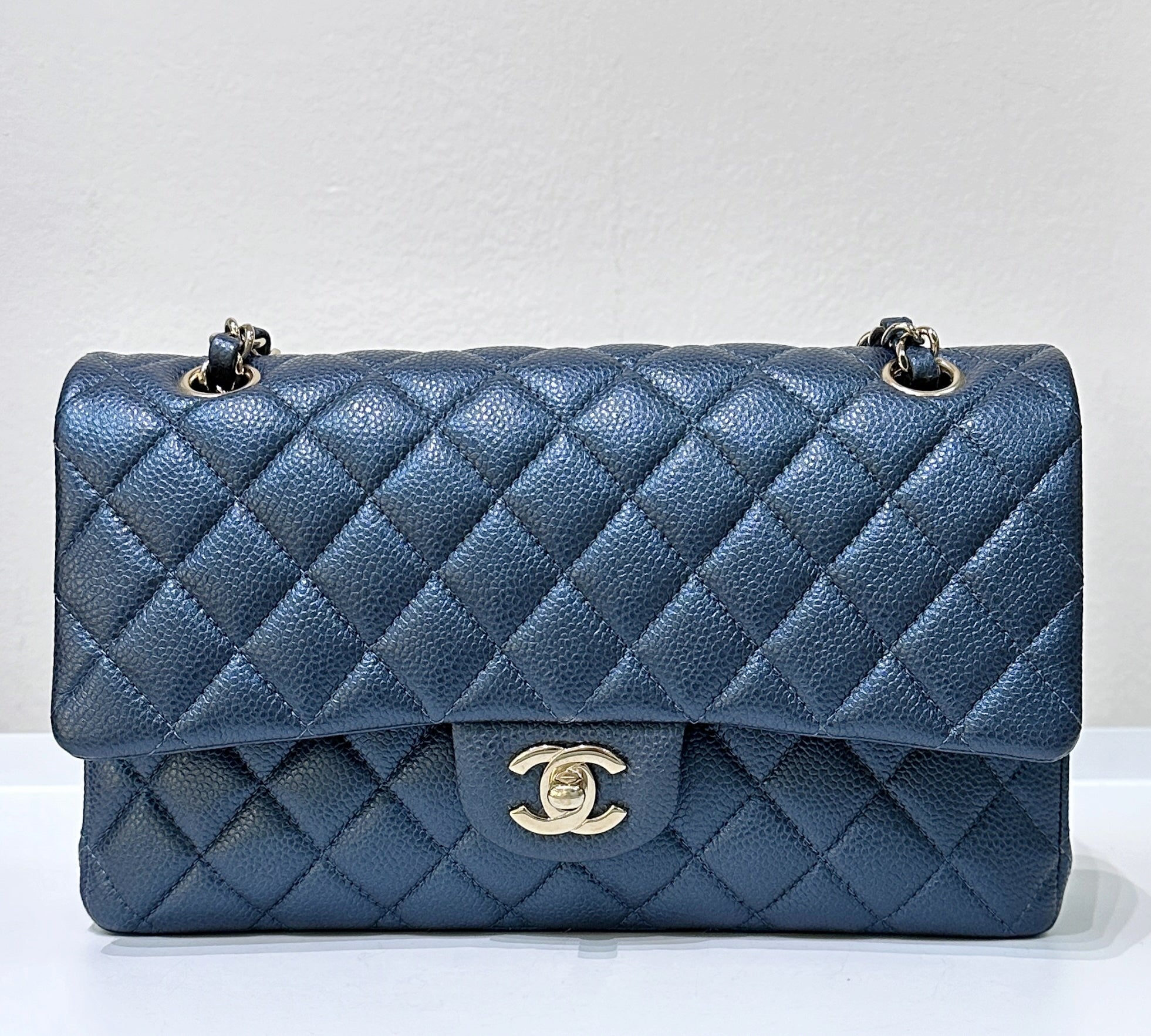 CHNL Quilted Medium Double Flap Blue Caviar 18S GHW