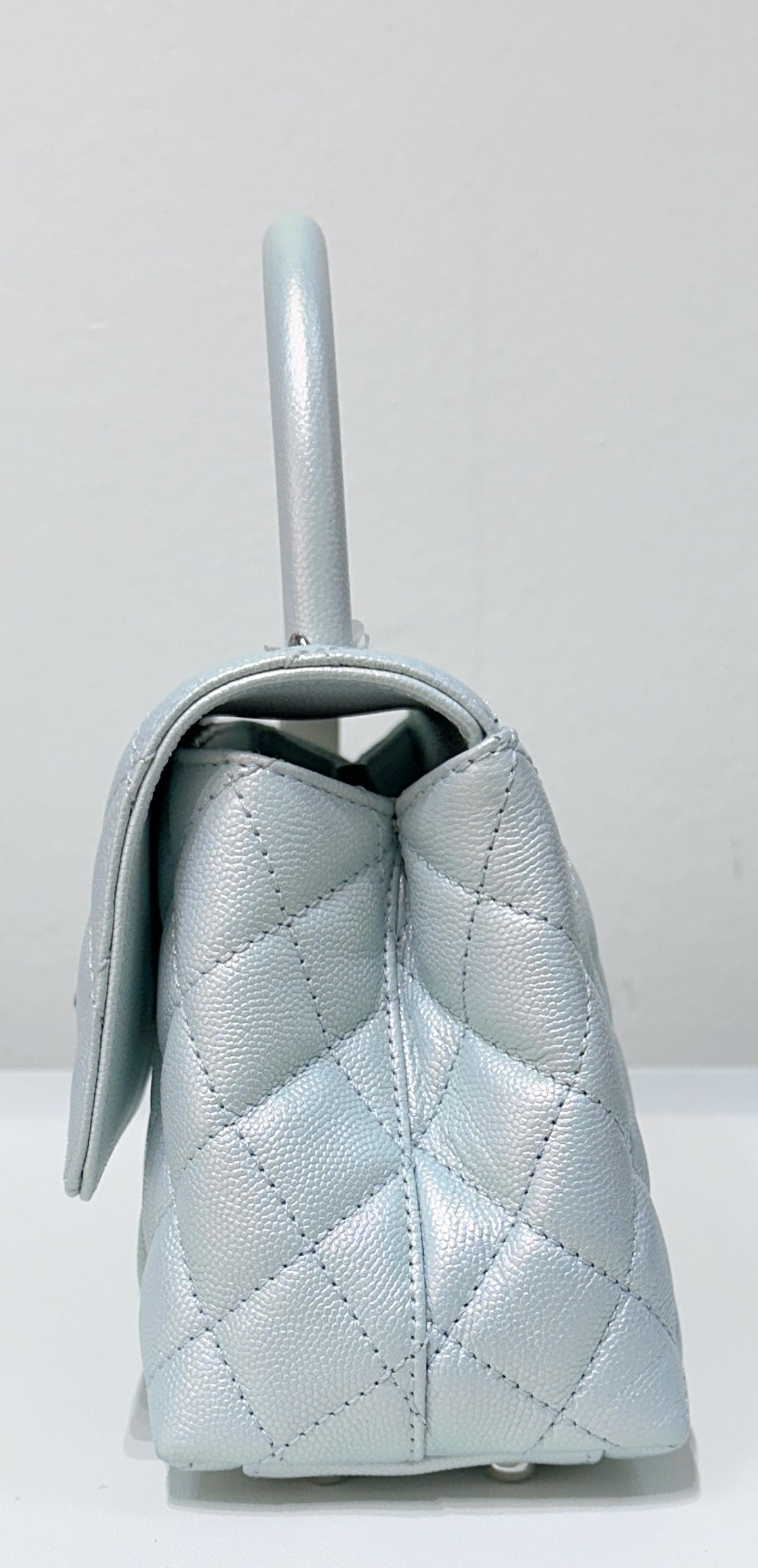 CHNL Iridescent Caviar Quilted Mini Coco Handle Flap Light Blue