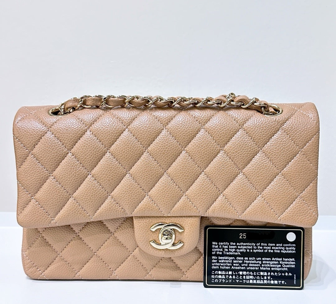 CHNL Caviar Quilted Medium Double Flap Beige