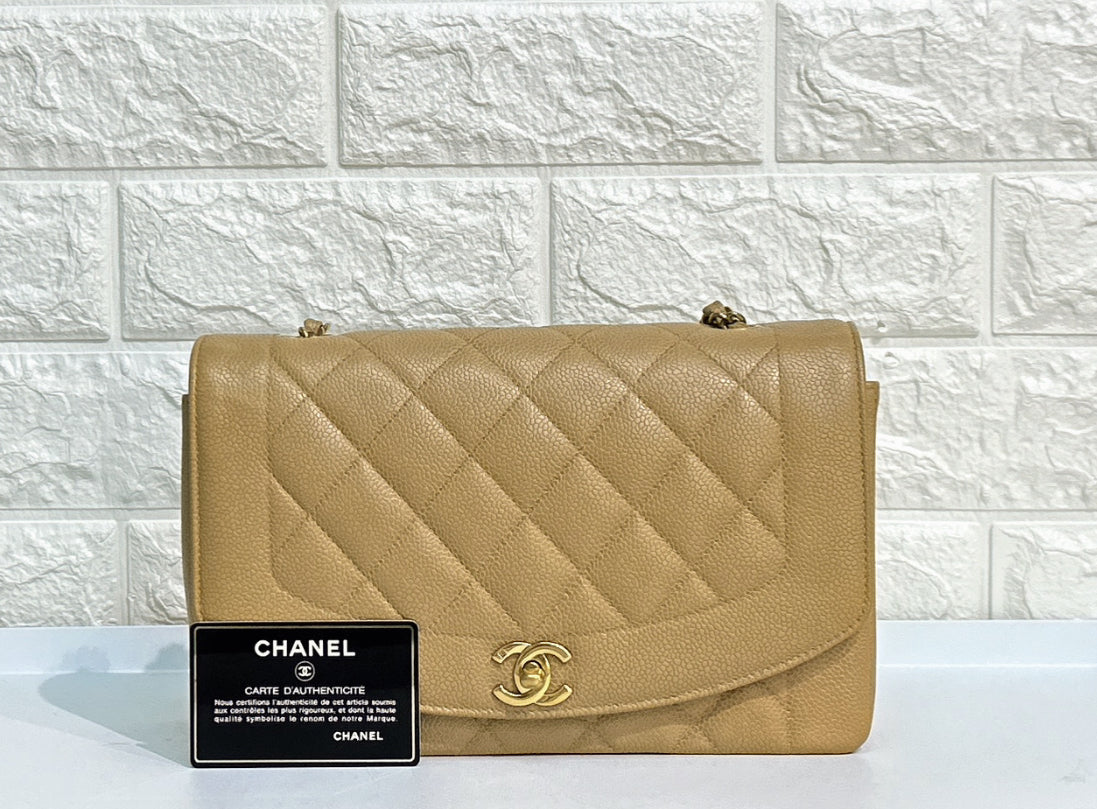 CHNL Medium Vintage Diana Flap Bag Beige Caviar Gold Hardware