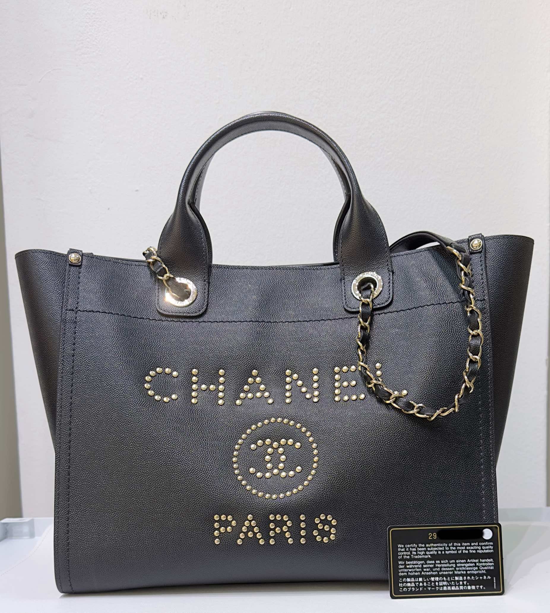 CHNL Small Deauville Caviar Tote Studded Black
