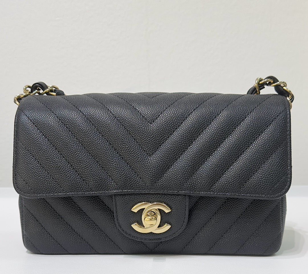 CHNL Mini Chevron Caviar Flap Bag Black GHW