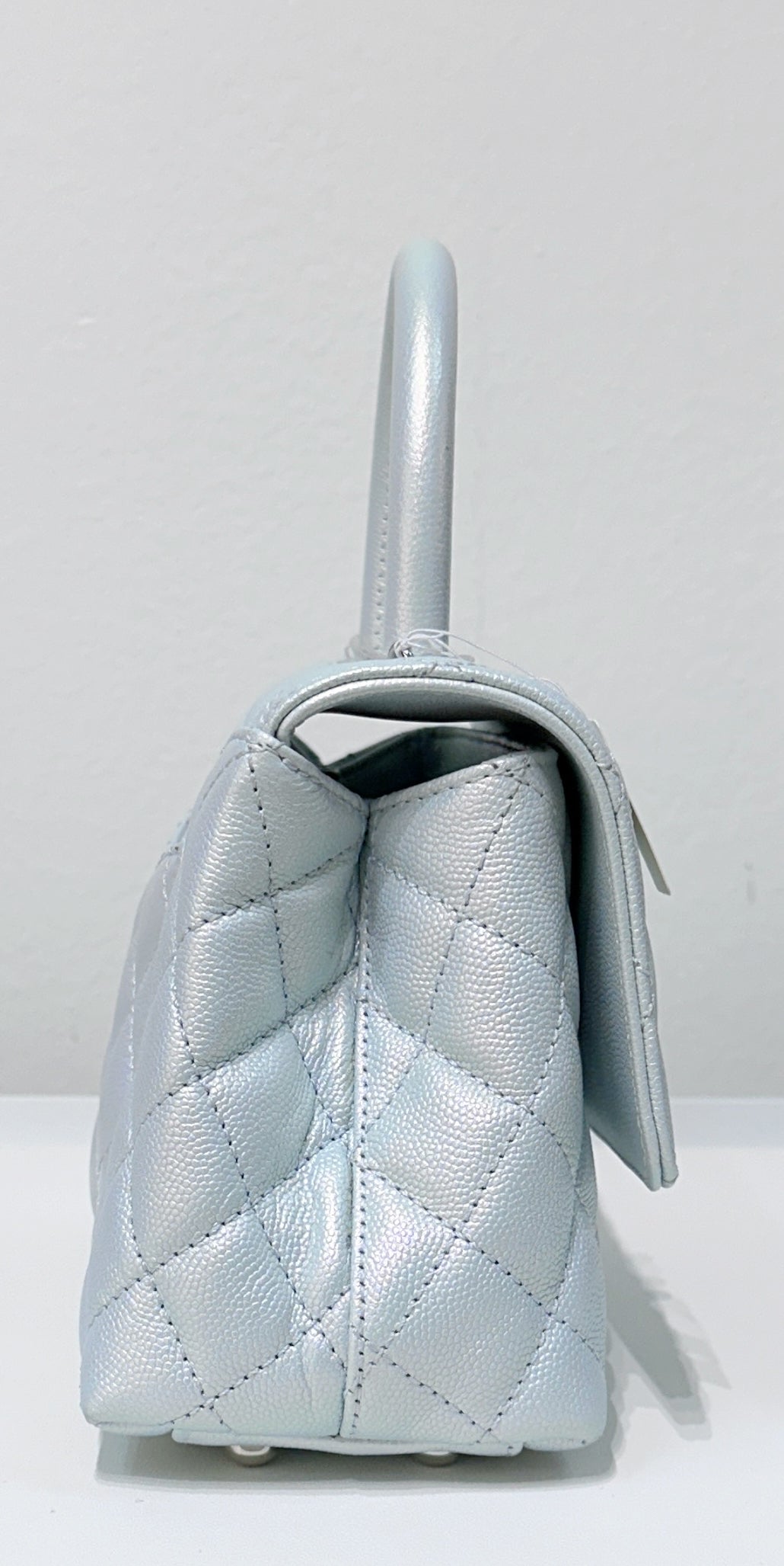 CHNL Iridescent Caviar Quilted Mini Coco Handle Flap Light Blue
