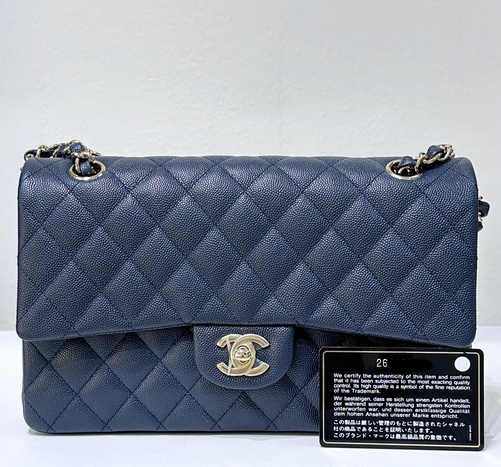 CHNL Caviar Quilted Medium Double Flap 18B Navy