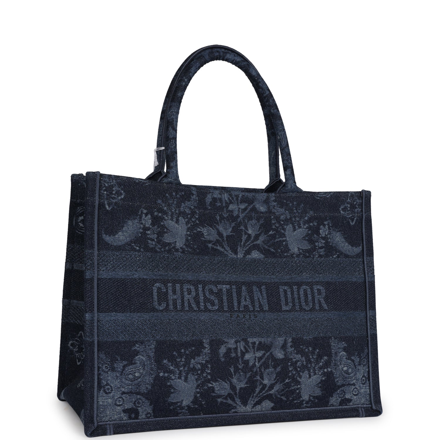 Christian DOR Blue Flower Embroidered Denim Small Book Tote
