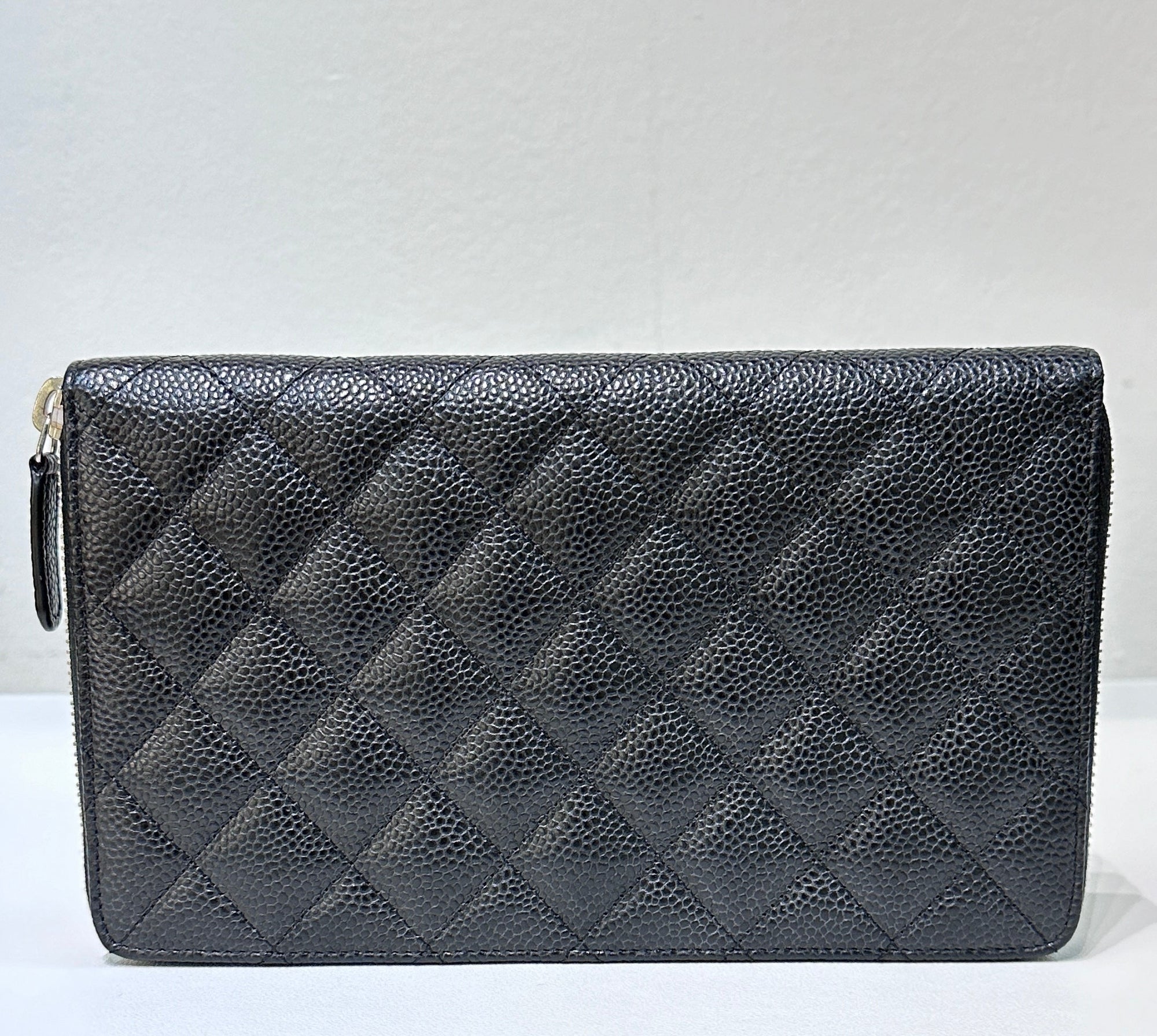CHNL Large Iridescent Caviar Quilted Zip Around Organizer Wallet Black