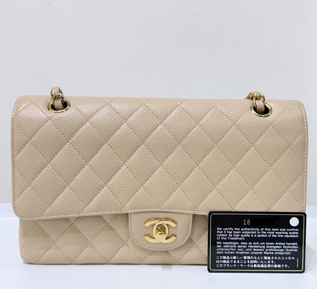 CHNL Classic Flap Medium Beige Clair GHW Caviar