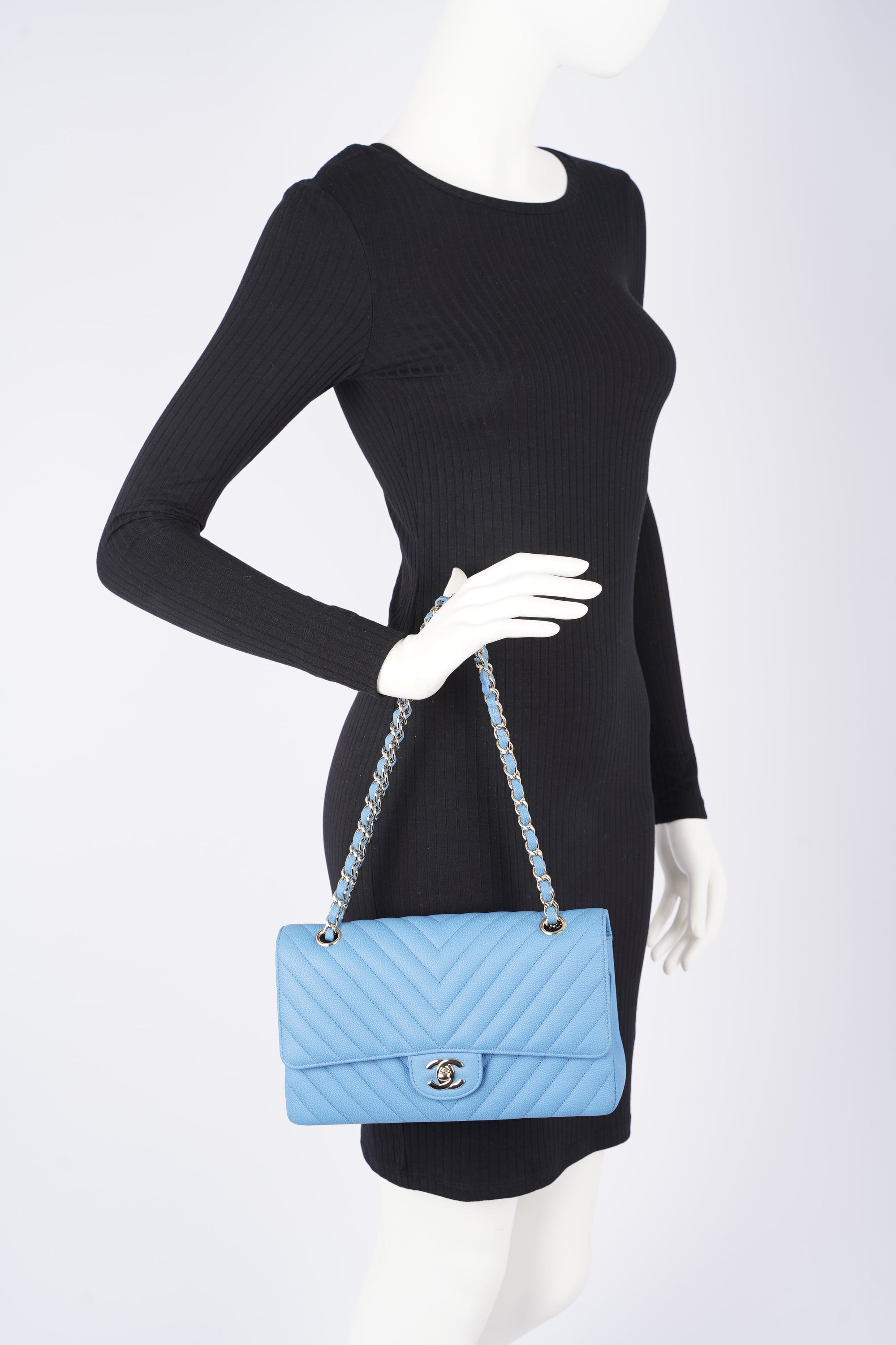 CHNL Womens Quilted Caviar Chevron Classic Double Flap Medium