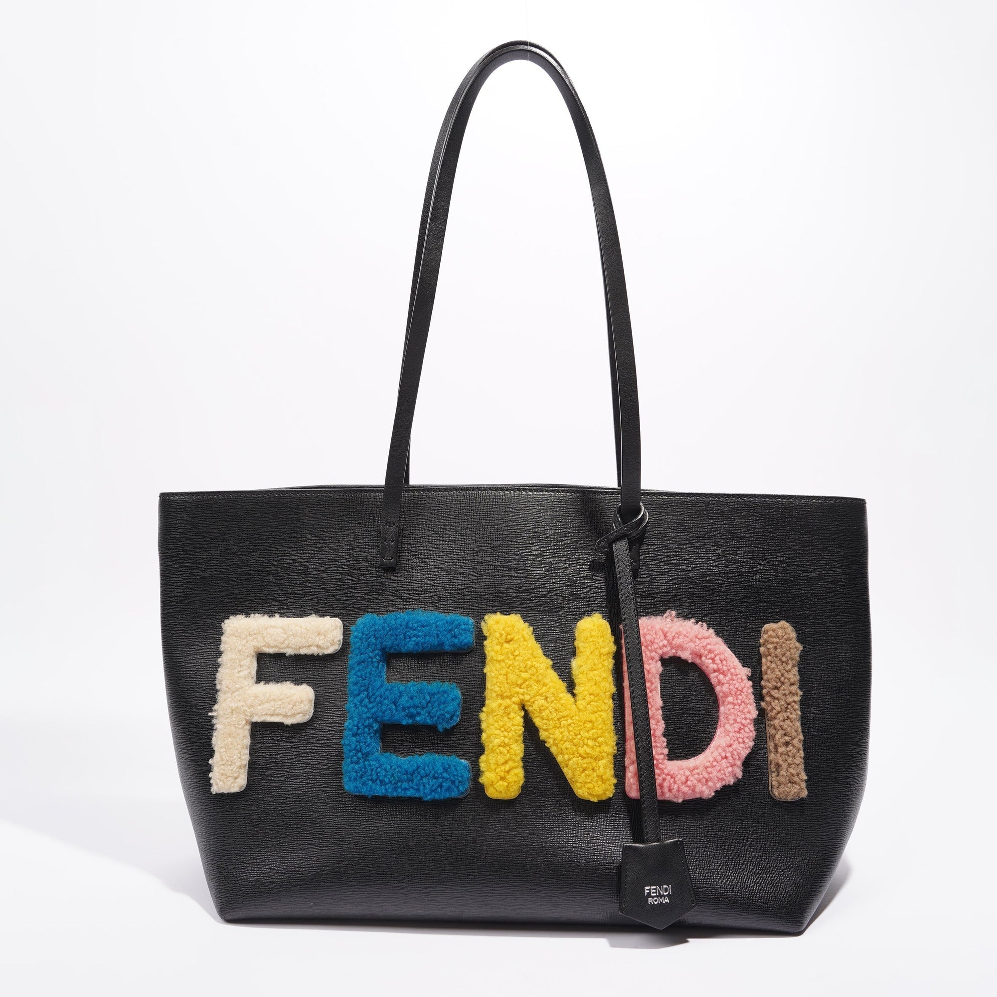 FNDI Logo Roll Tote Black Leather / Shearling Large