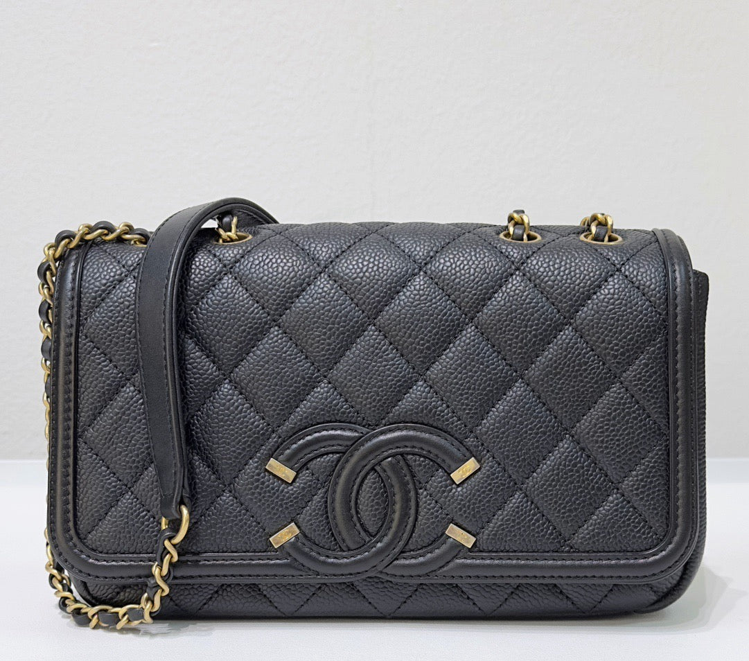 CHNL Small Caviar Quilted CC Filigree Flap Black GHW