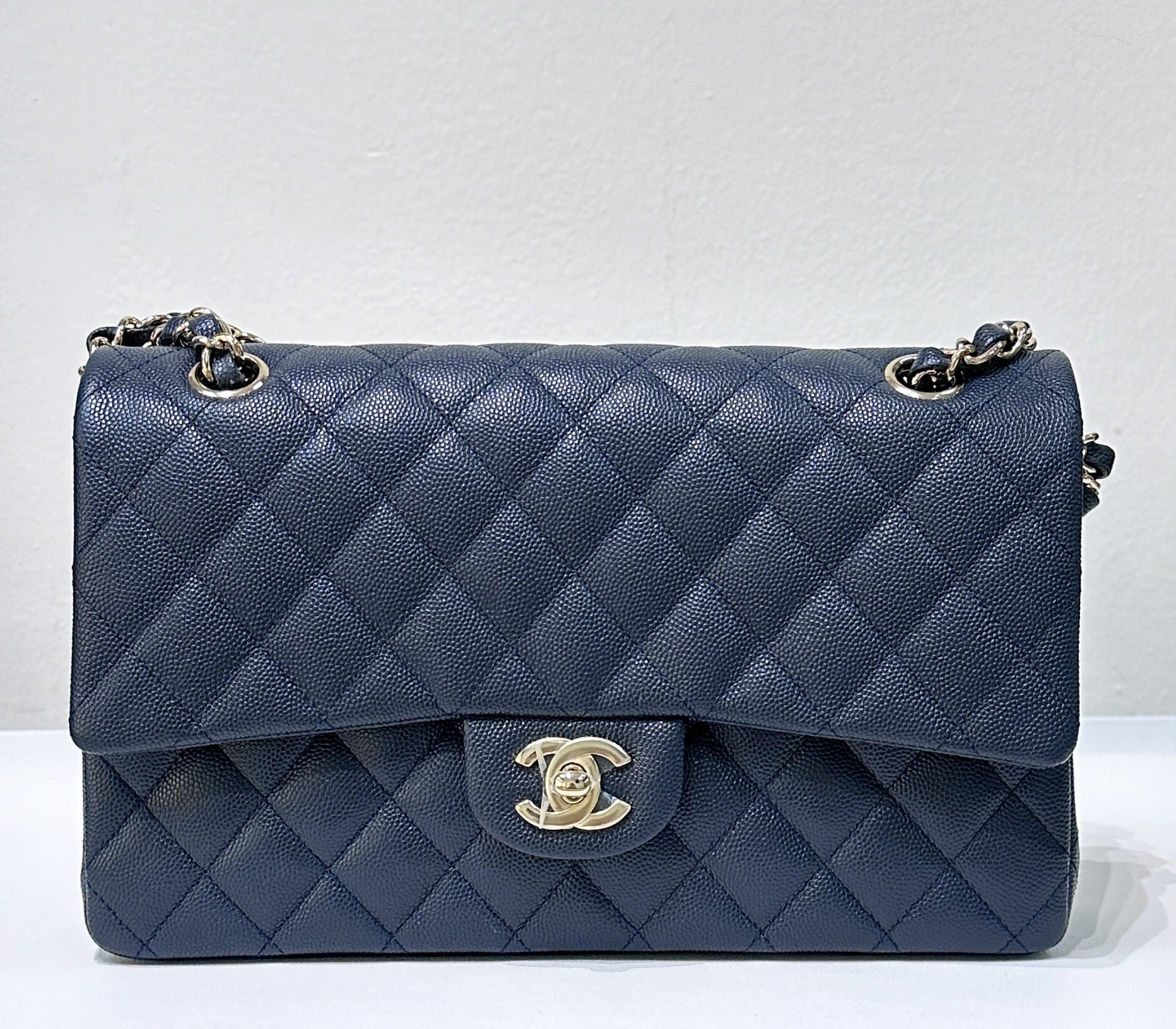 CHNL Caviar Quilted Medium Double Flap 18B Navy