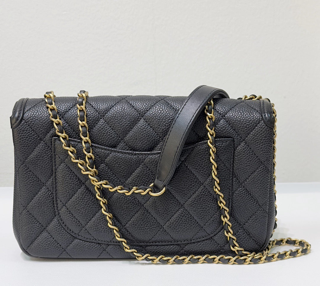 CHNL Small Caviar Quilted CC Filigree Flap Black GHW