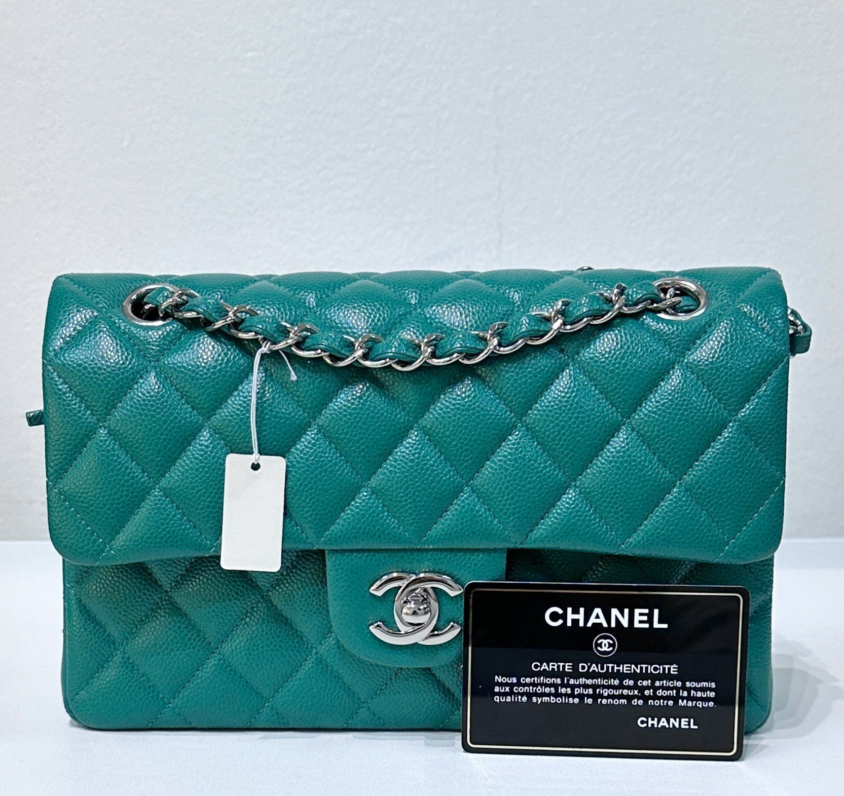 CHNL 20B Green Classic Small Double Flap Bag