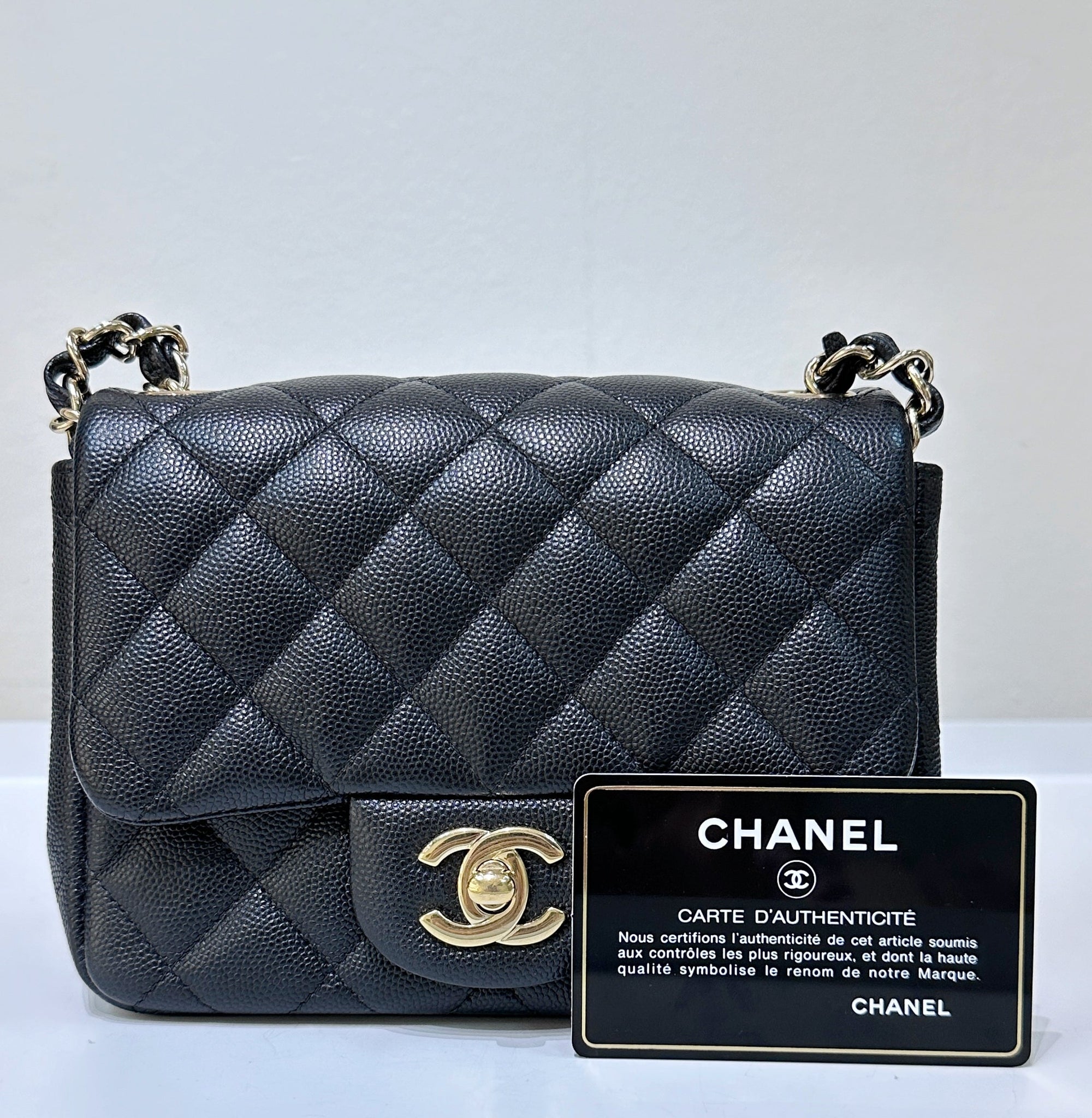 CHNL Black Mini Square Caviar Flap Bag Gold Hardware