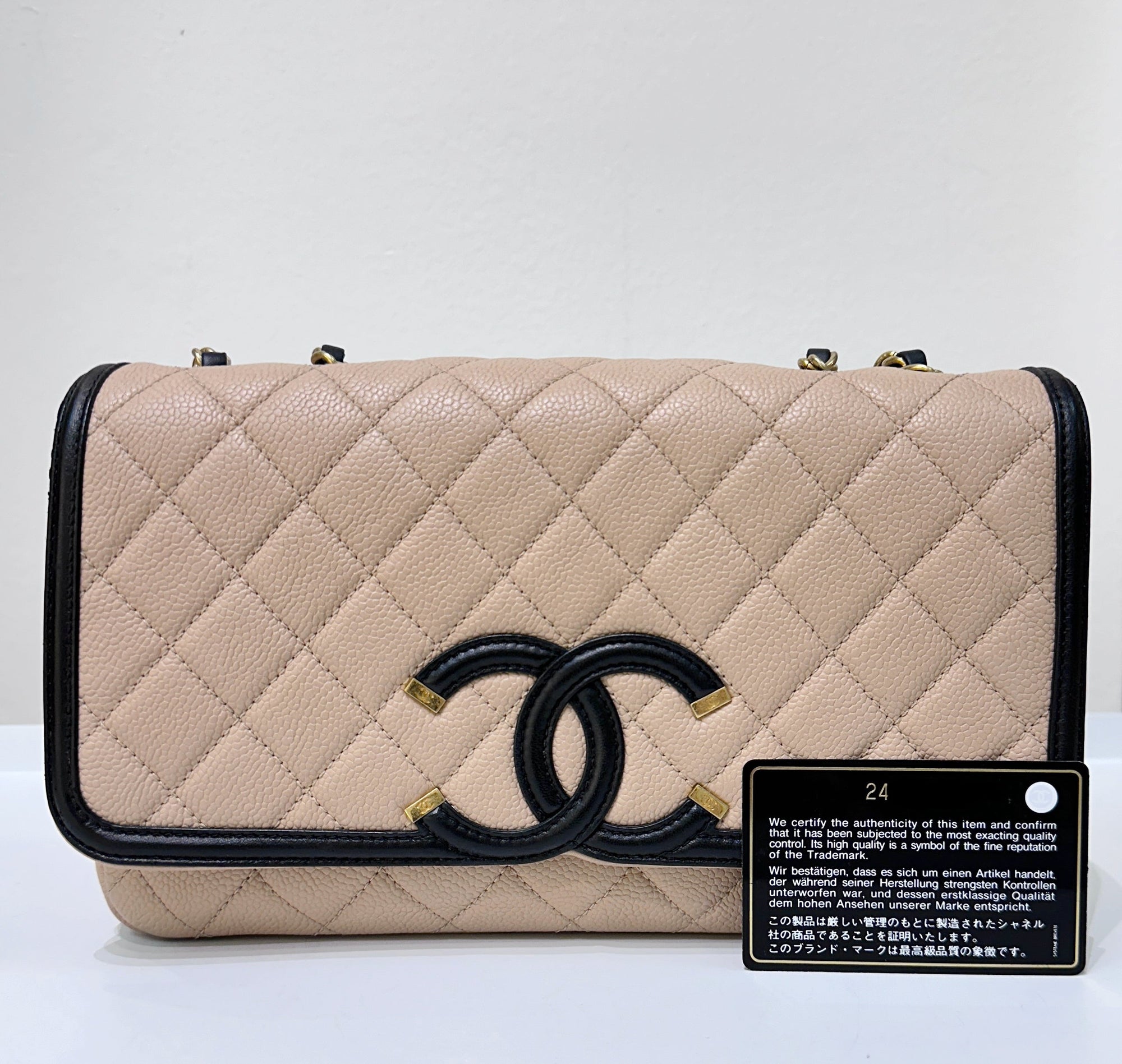 CHNL Caviar Quilted Medium CC Filigree Flap Beige Black