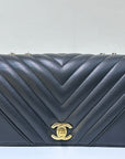 CHNL Calfskin Chevron Quilted Mini Statement Flap Black