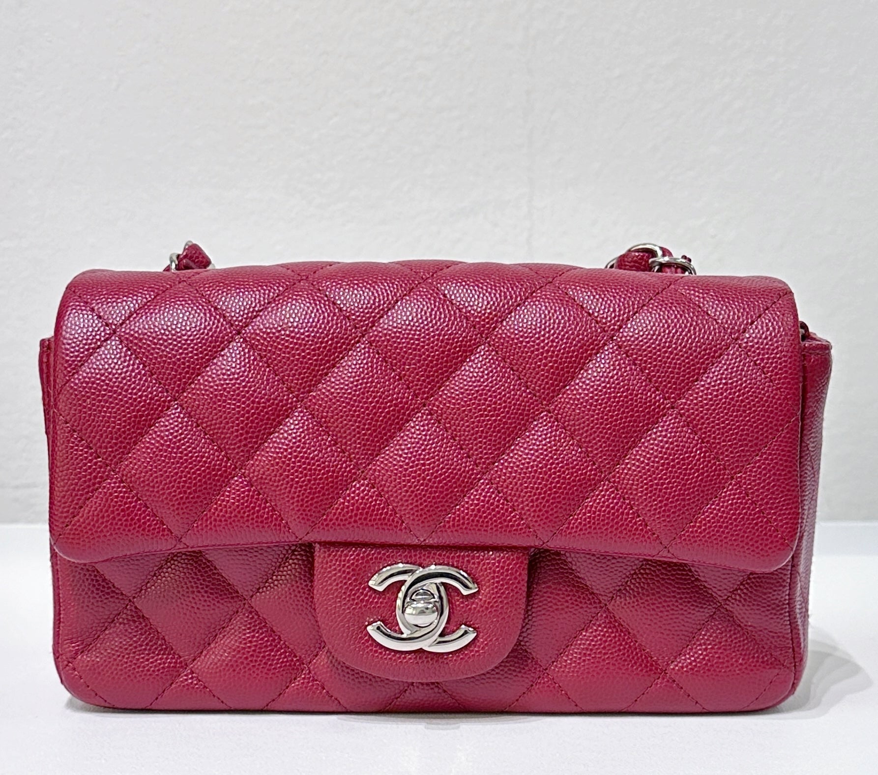 CHNL Mini Rectangular Caviar Quilted Flap Red 17B SHW