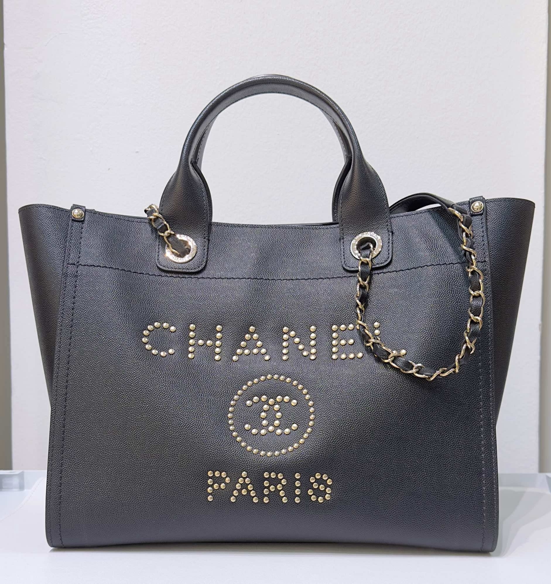 CHNL Small Deauville Caviar Tote Studded Black