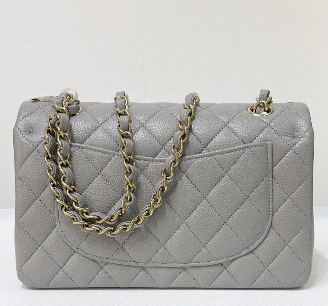 CHNL Small Caviar Quilted Double Flap Grey LGHW