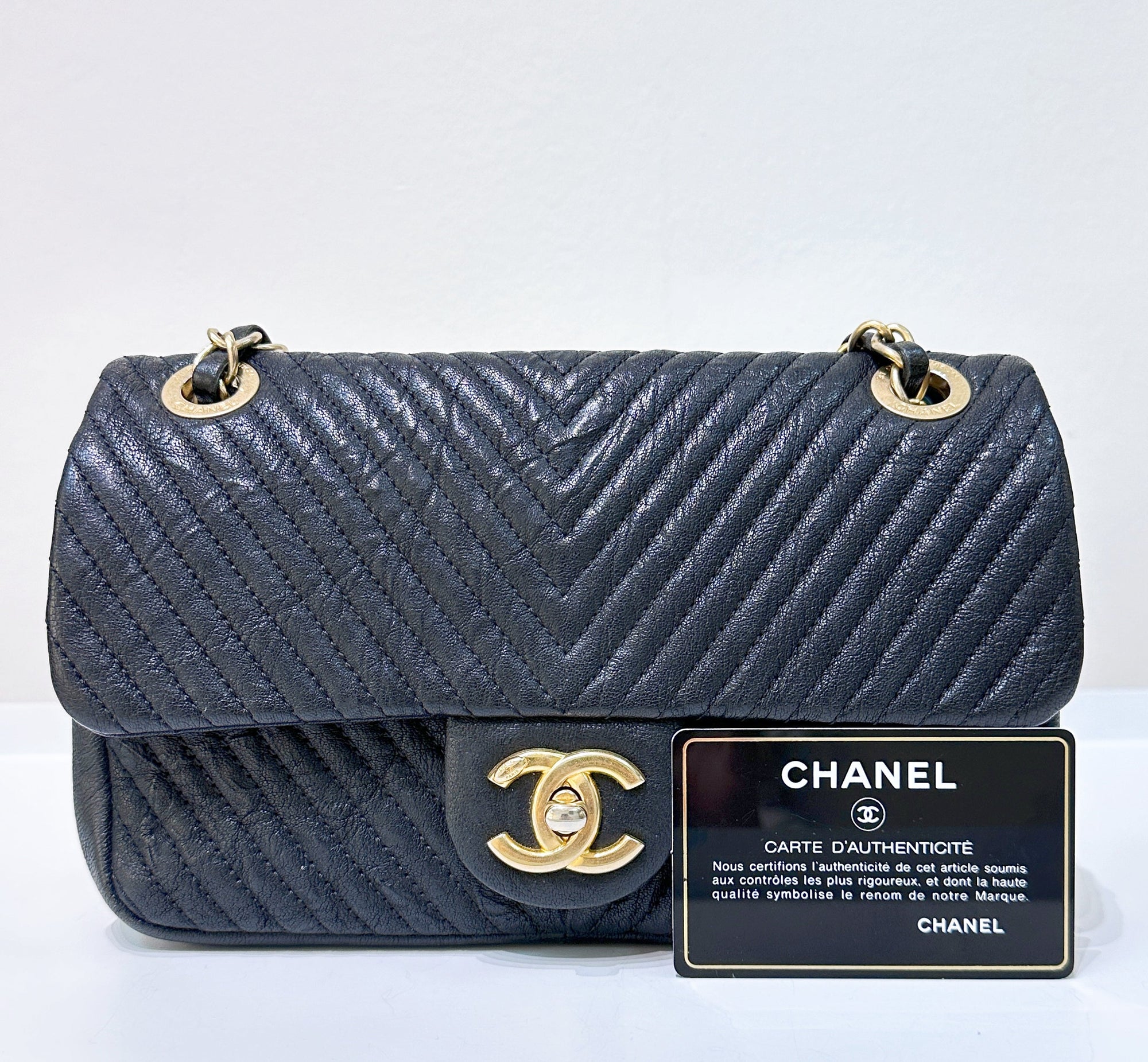 CHNL Black Chevron Leather Small Classic Flap Bag
