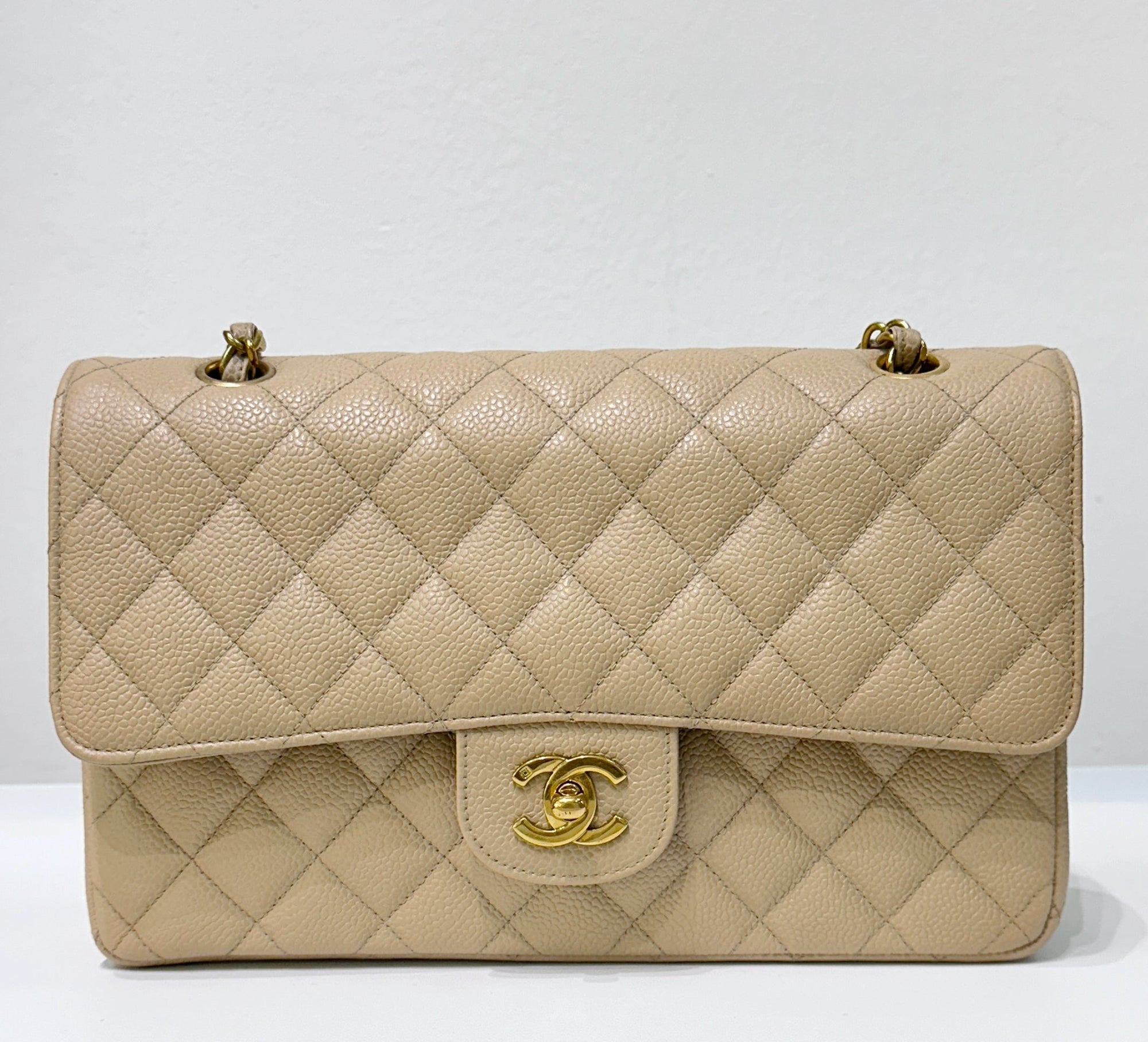 CHNL Medium Vintage Timeless Classic Leather Caviar Beige