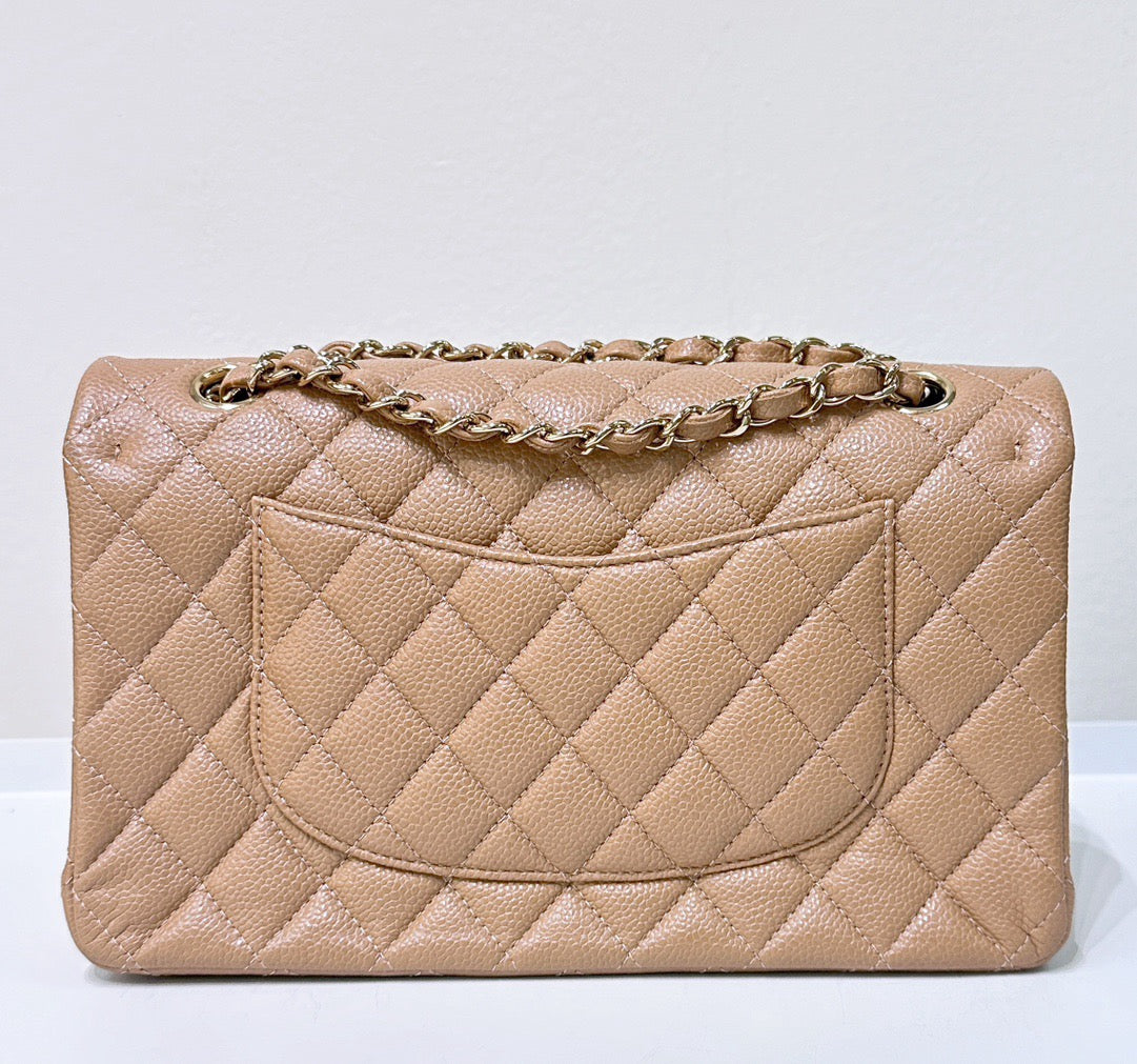 CHNL Caviar Quilted Medium Double Flap Beige