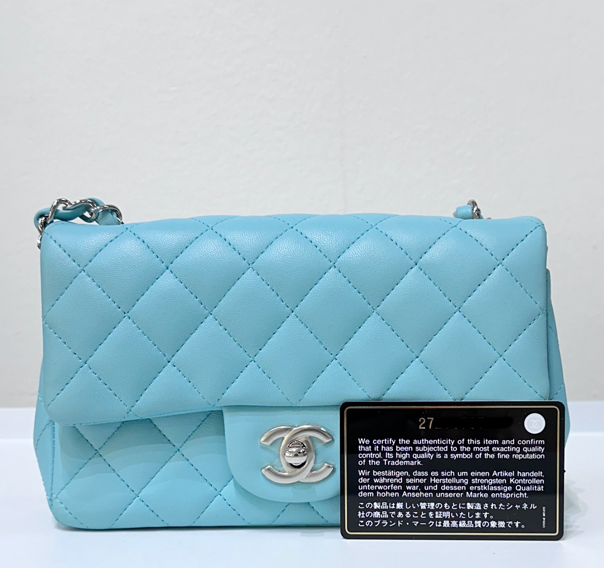 CHNL 19C Tiffany Lambskin Quilted Mini Rectangular Flap Neon Blue
