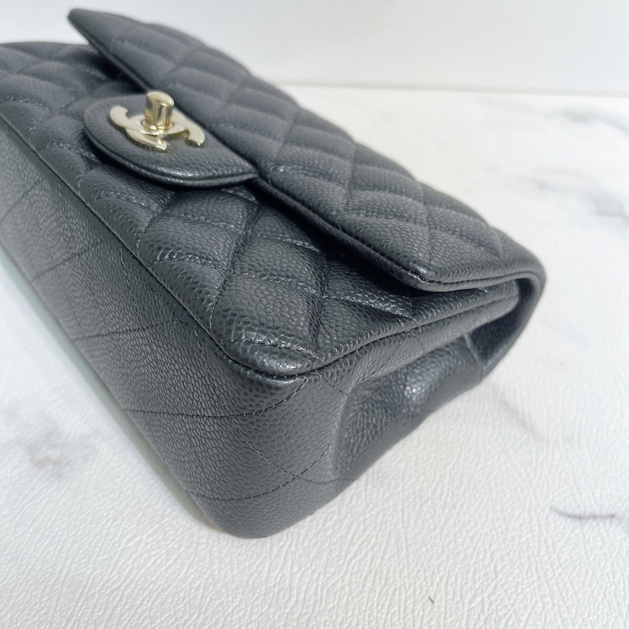 CHNL Quilted Mini Rectangular Flap Dark Grey Caviar Gold Hardware 18S