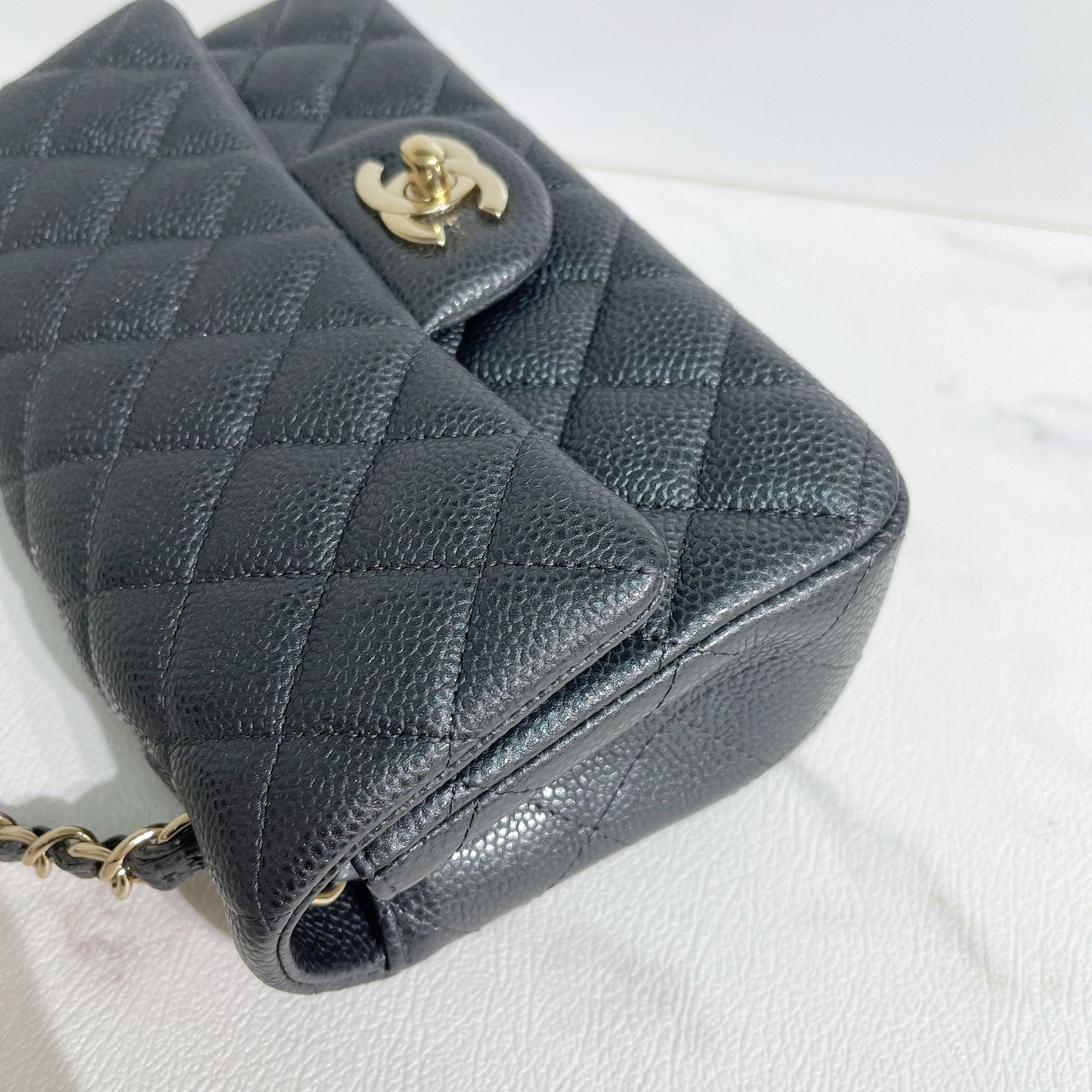 CHNL Quilted Mini Rectangular Flap Dark Grey Caviar Gold Hardware 18S