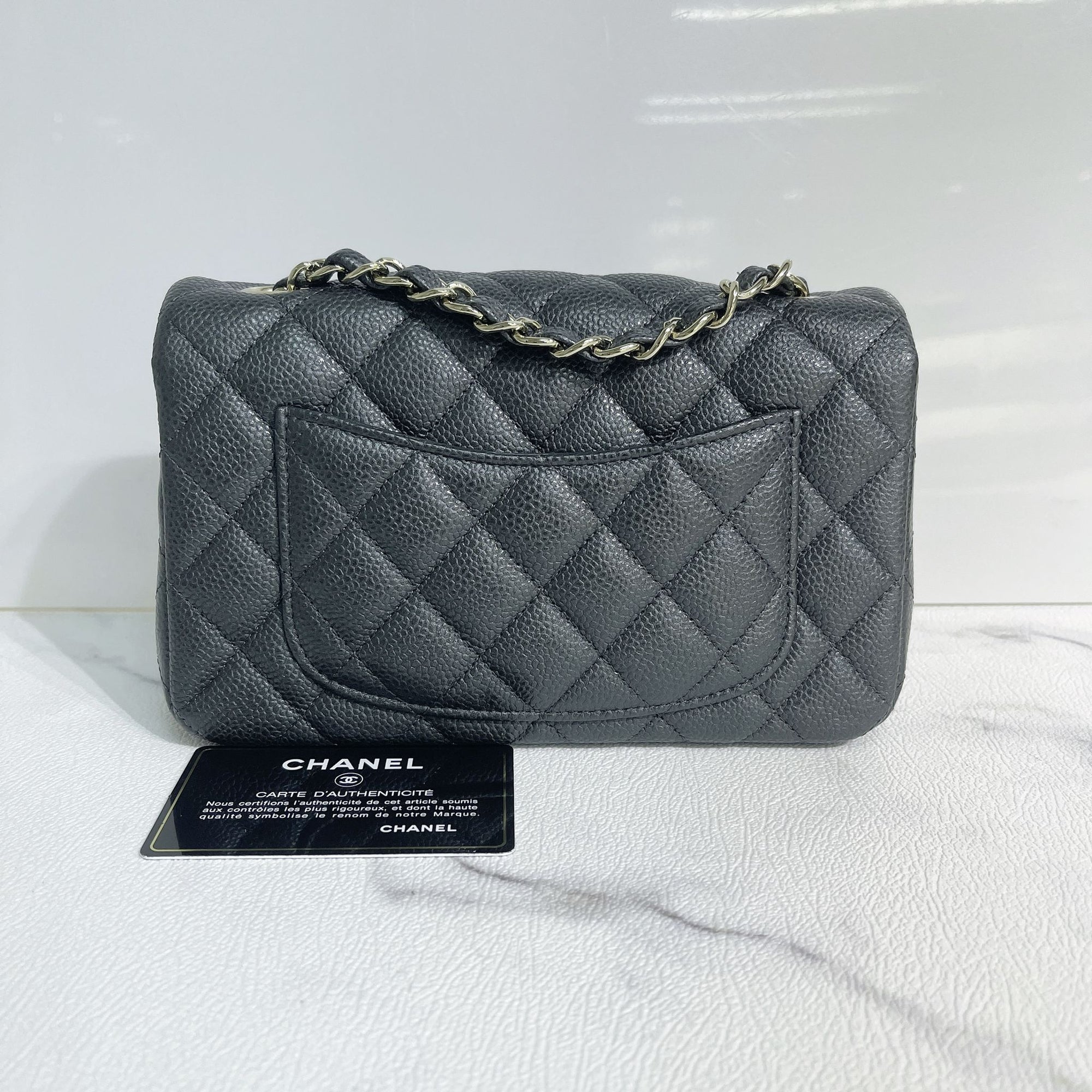 CHNL Quilted Mini Rectangular Flap Dark Grey Caviar Gold Hardware 18S