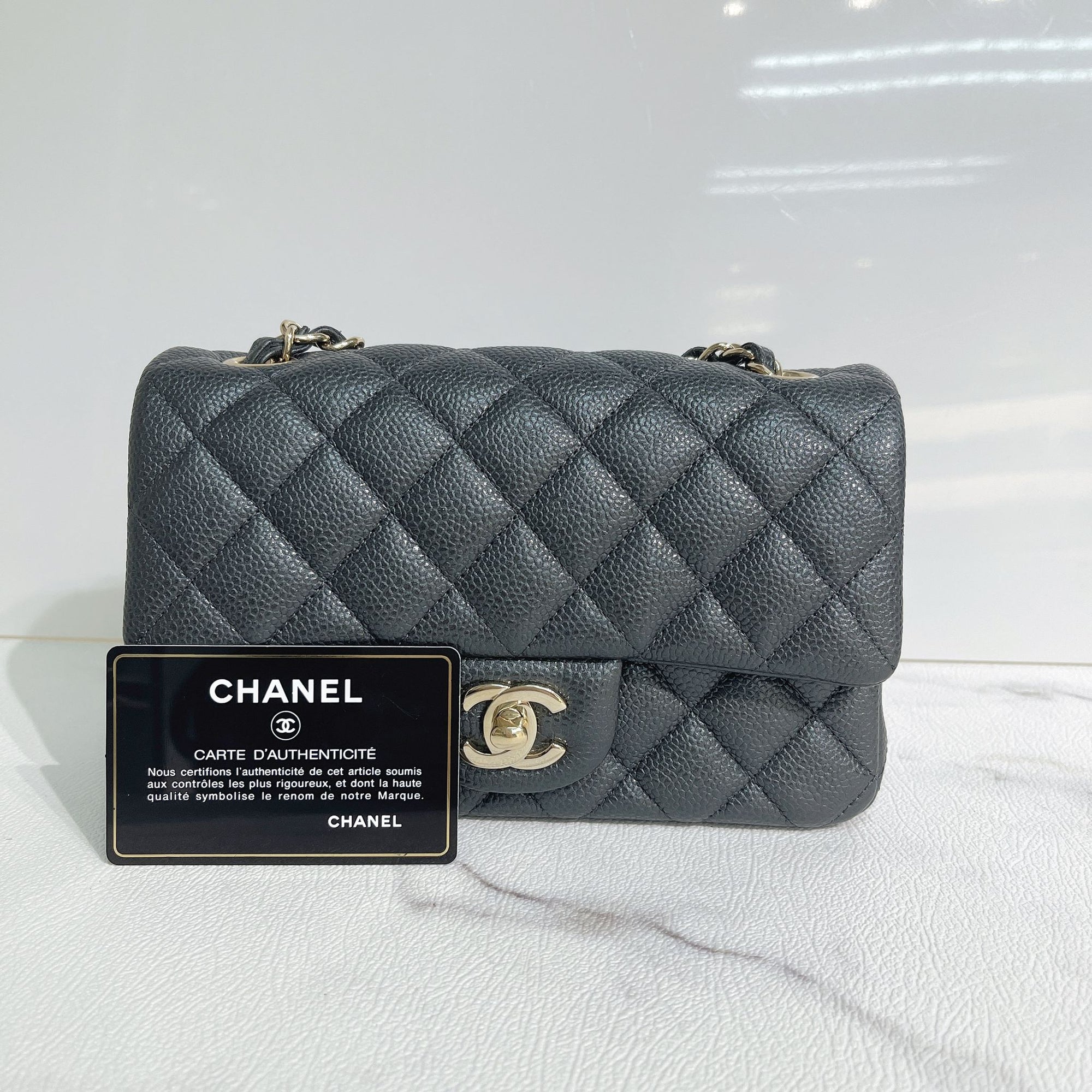 CHNL Quilted Mini Rectangular Flap Dark Grey Caviar Gold Hardware 18S