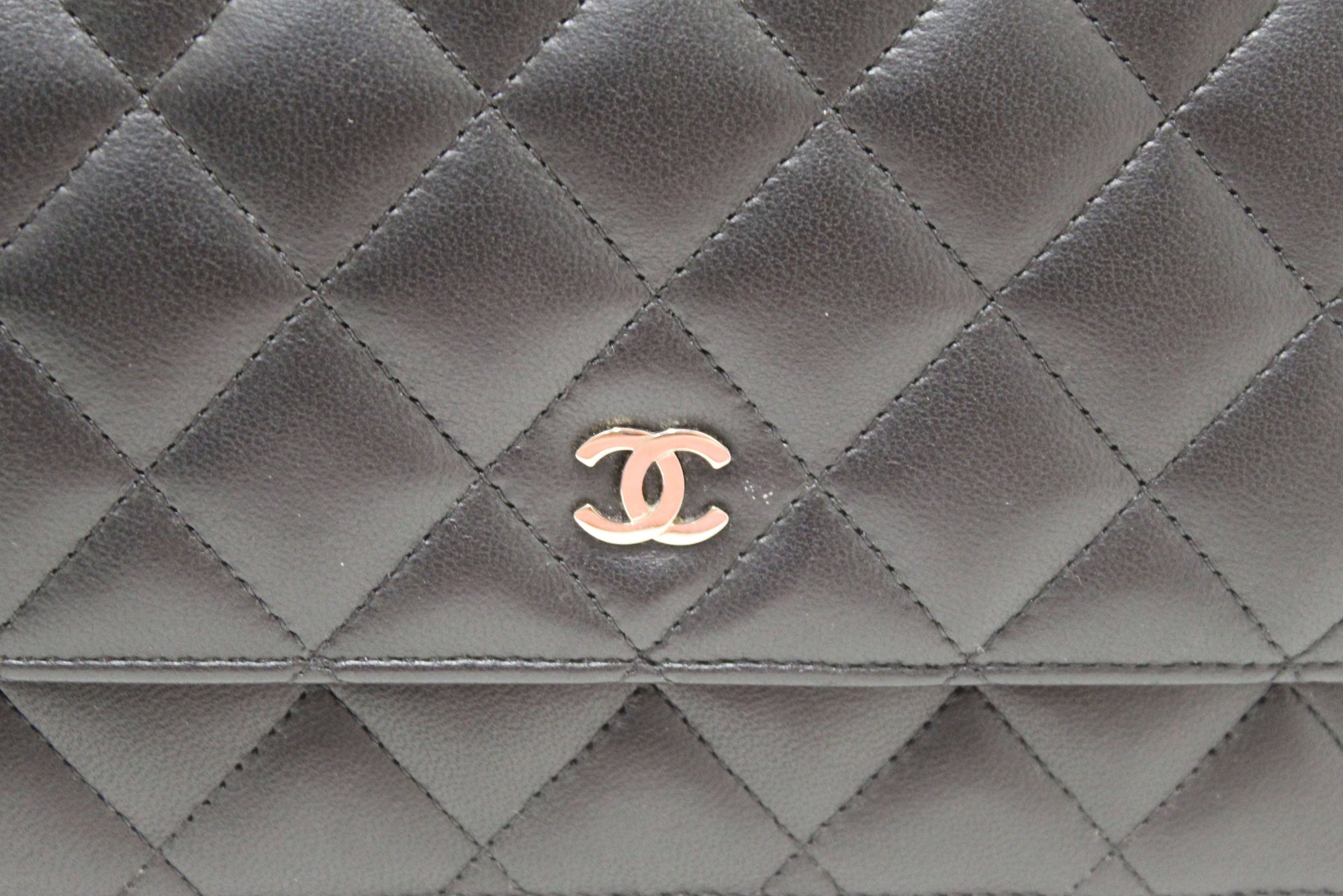 CHNL Black Quilted Lambskin Leather Wallet On Chain WOC Messenger Bag