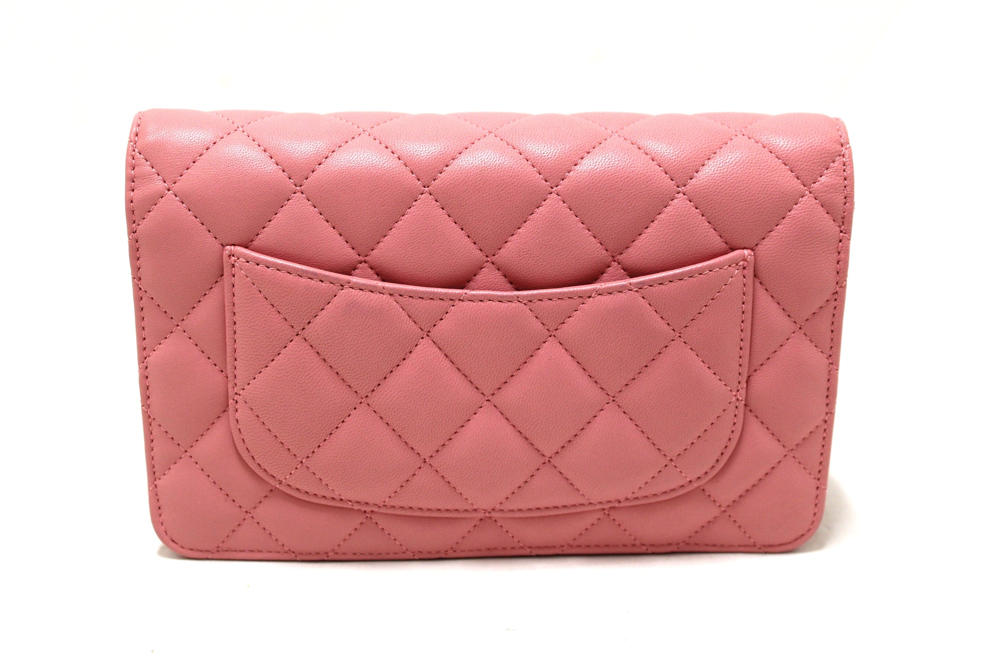 CHNL Pink Quilted Lambskin Leather Wallet On Chain WOC Messenger Bag